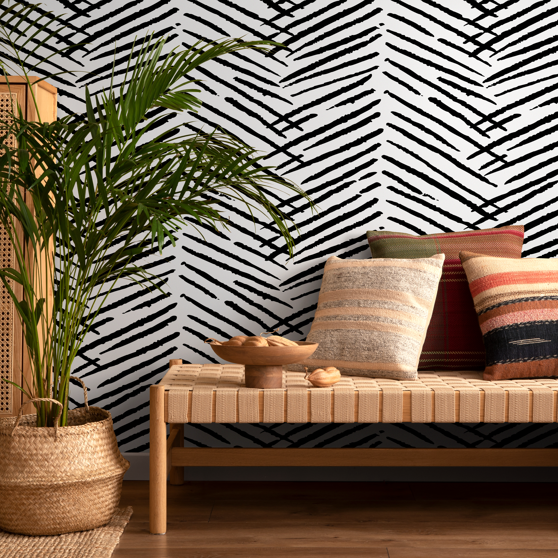 Boho Wallpaper with a Hand-Drawn Herringbone Motif in Black and White - C518