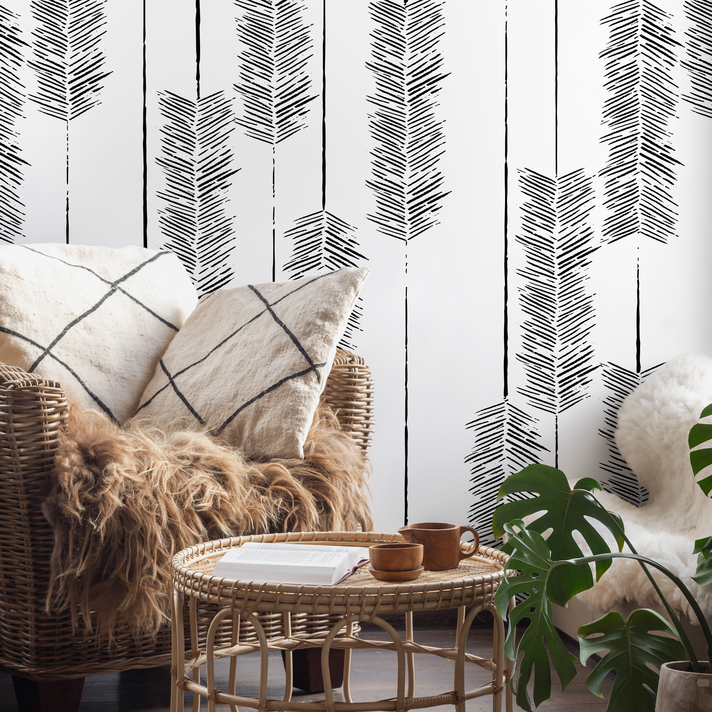 Boho Wallpaper With An Abstract Arrow Motif In Black And White - C520