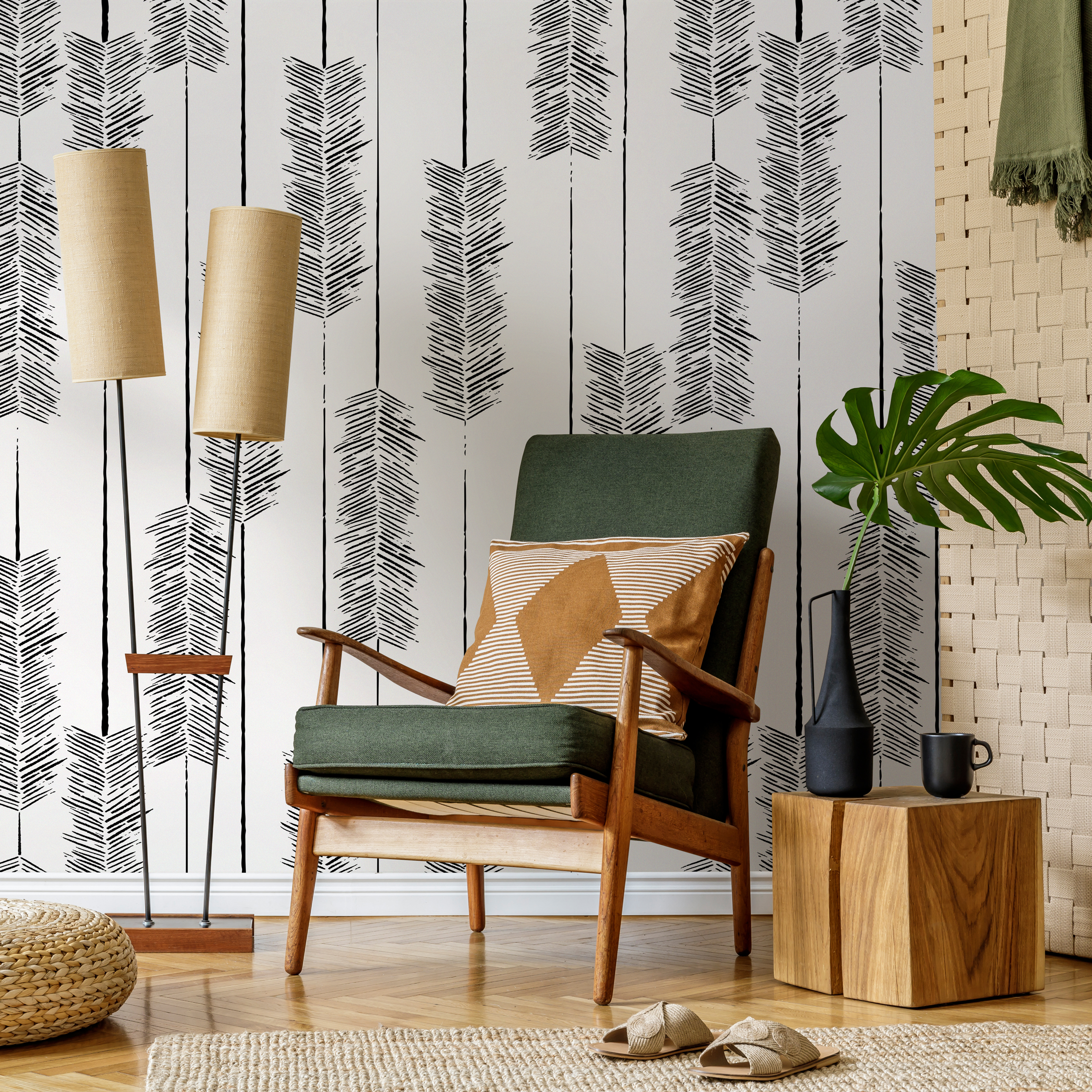 Boho Wallpaper With An Abstract Arrow Motif In Black And White - C520