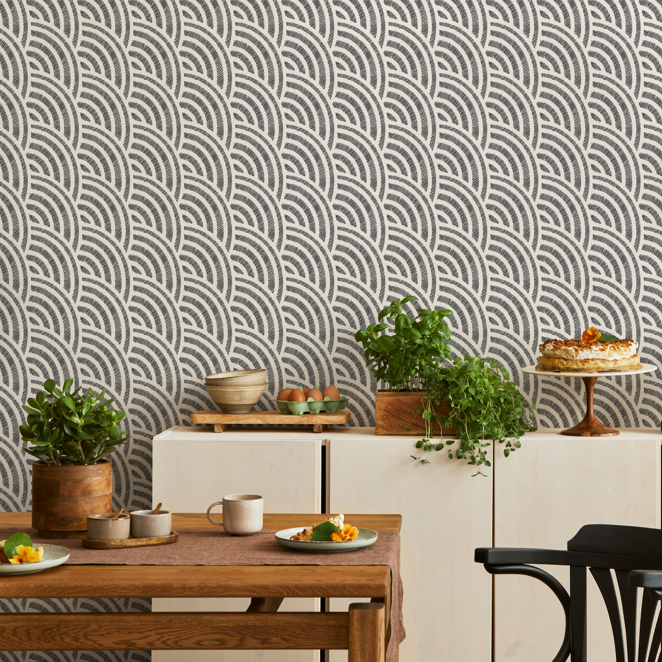 Geometric Wallpaper With A Sketched Scallop Motif In Black And White - C521