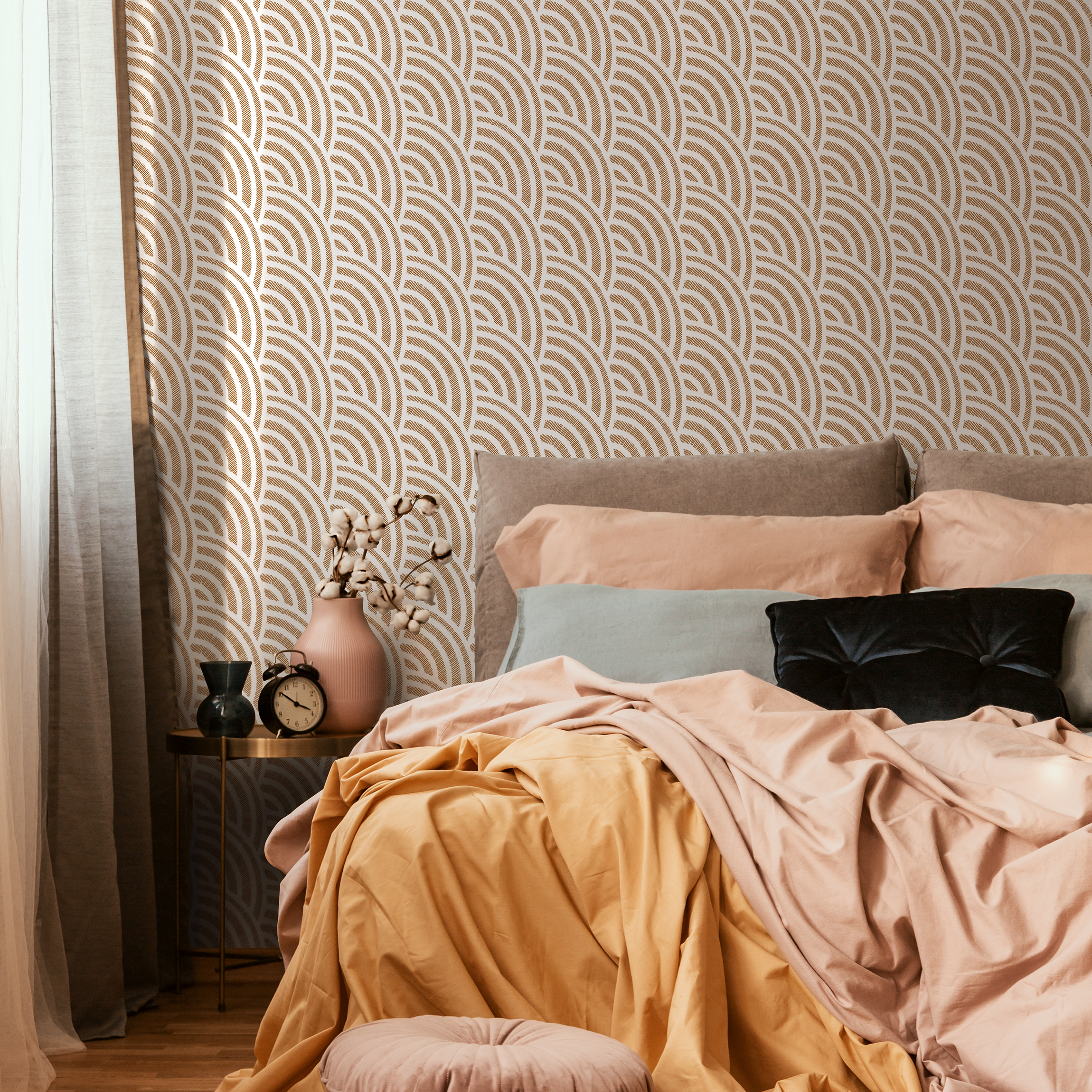 Geometric Wallpaper With A Boho Scallop Motif In Beige And White - C522