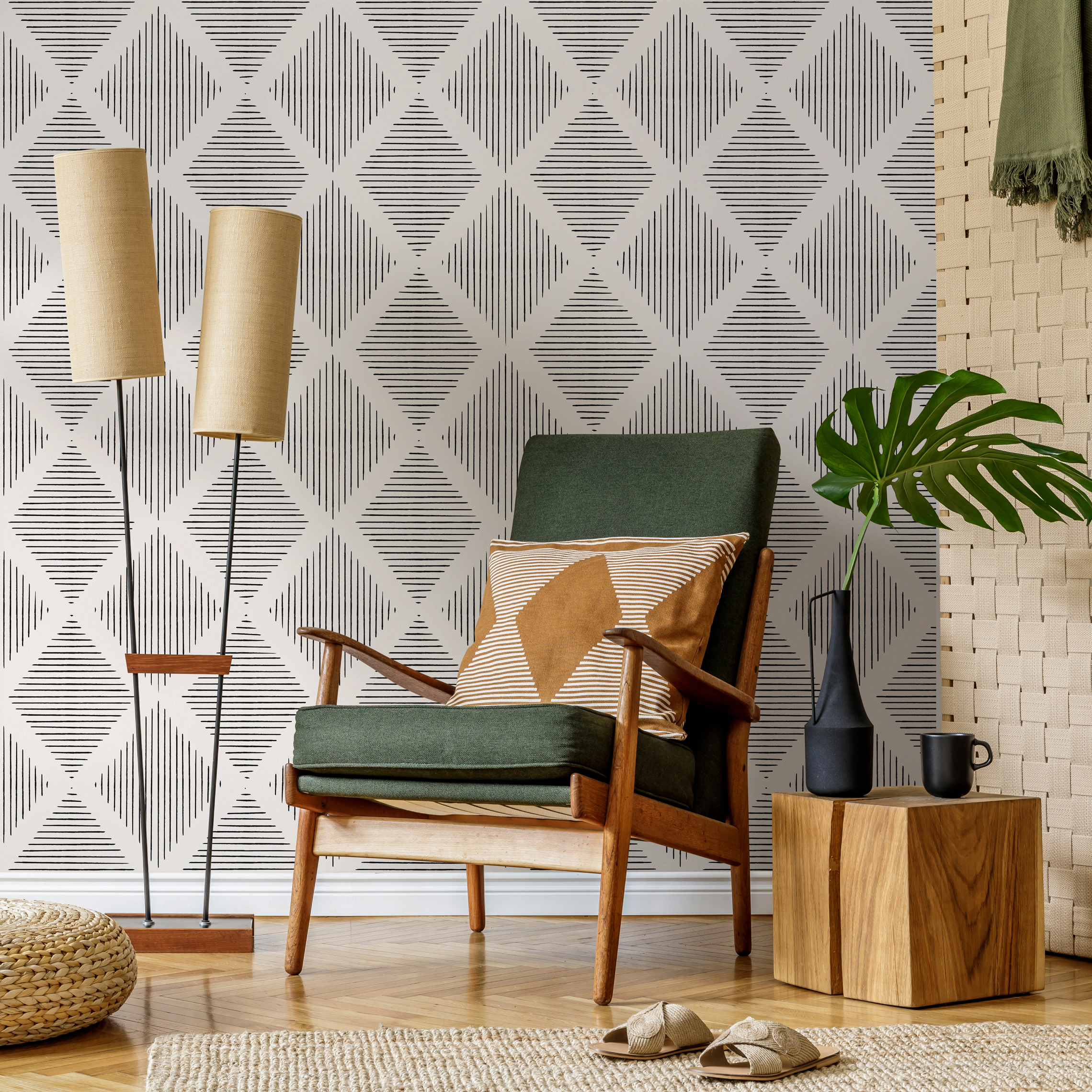 Geometric Wallpaper With A Lined Diamond Motif In Black And White - C523