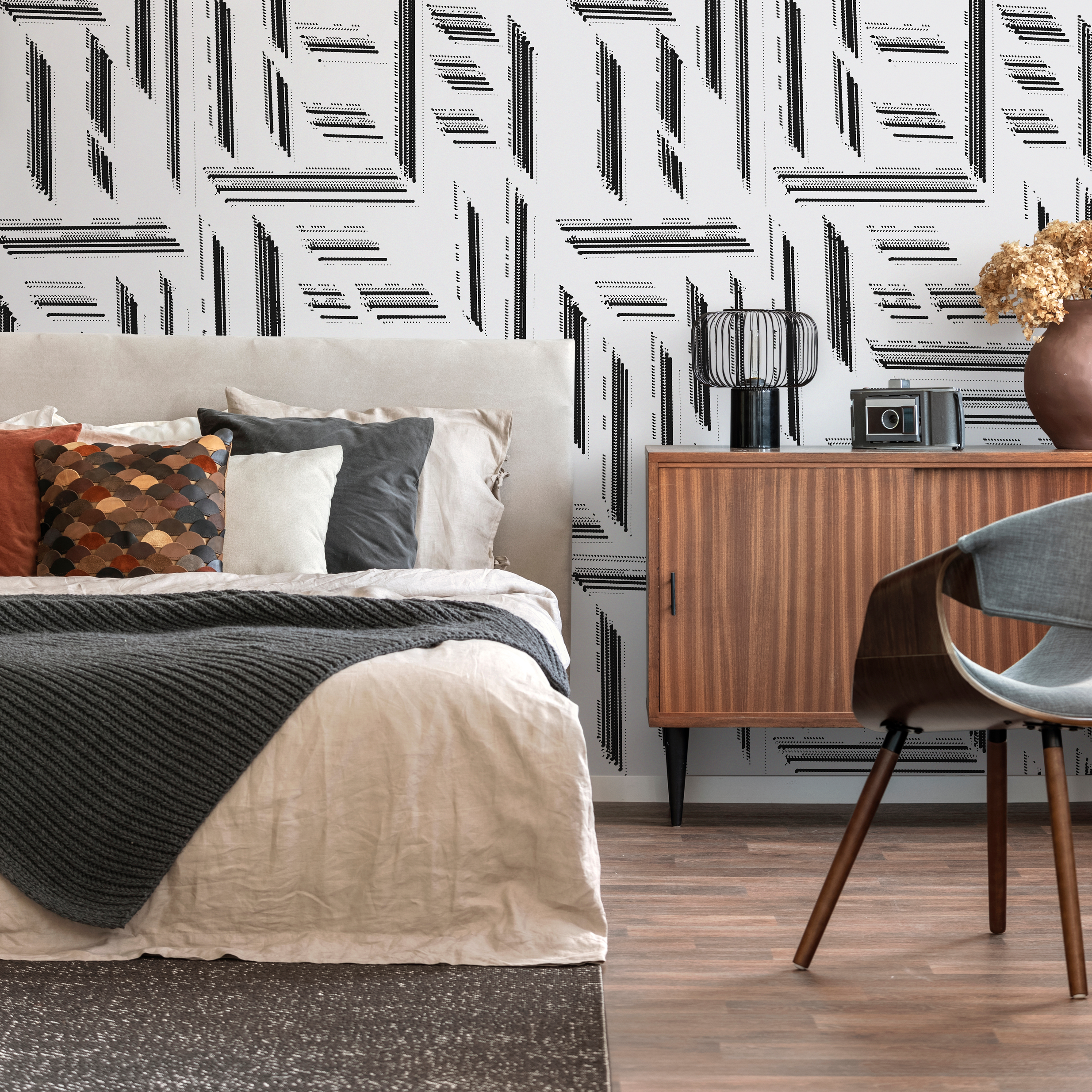 Abstract Wallpaper With A Dotted Block Motif In Black And White - C524