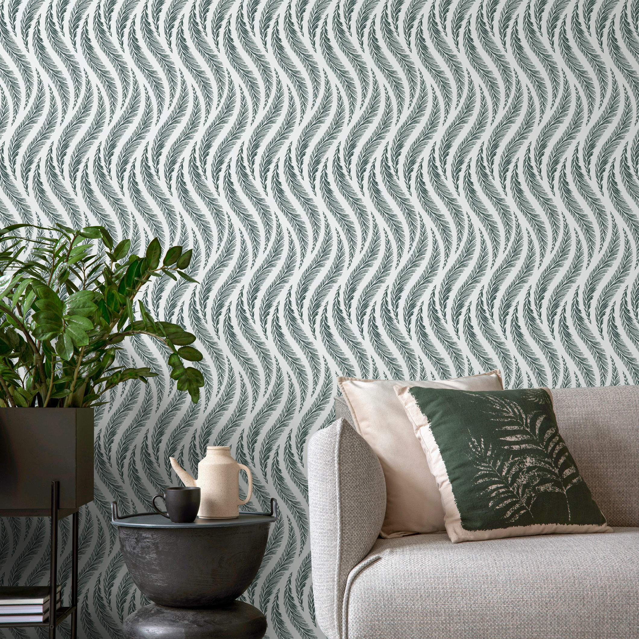 Feather Wallpaper With A Wavy Pattern In Green And Gray - C526