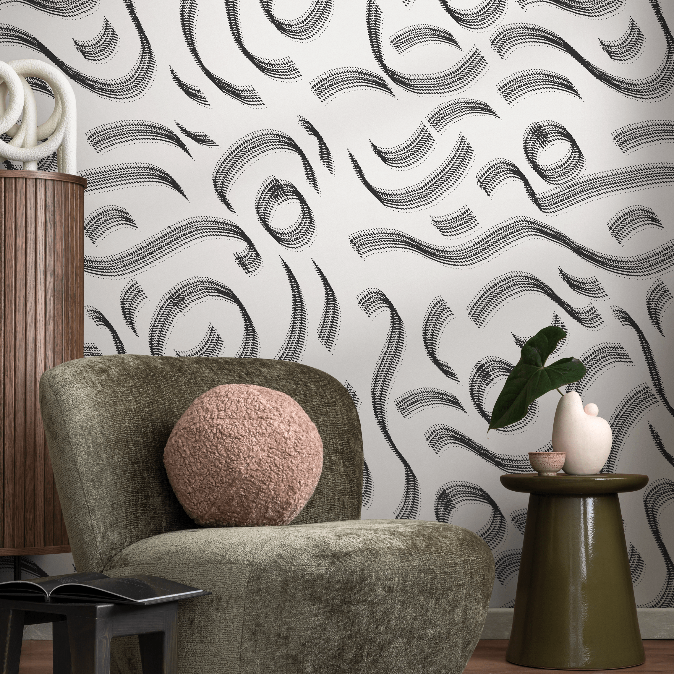 Abstract Wallpaper With Flowing Dotted Lines In Black And White - C527