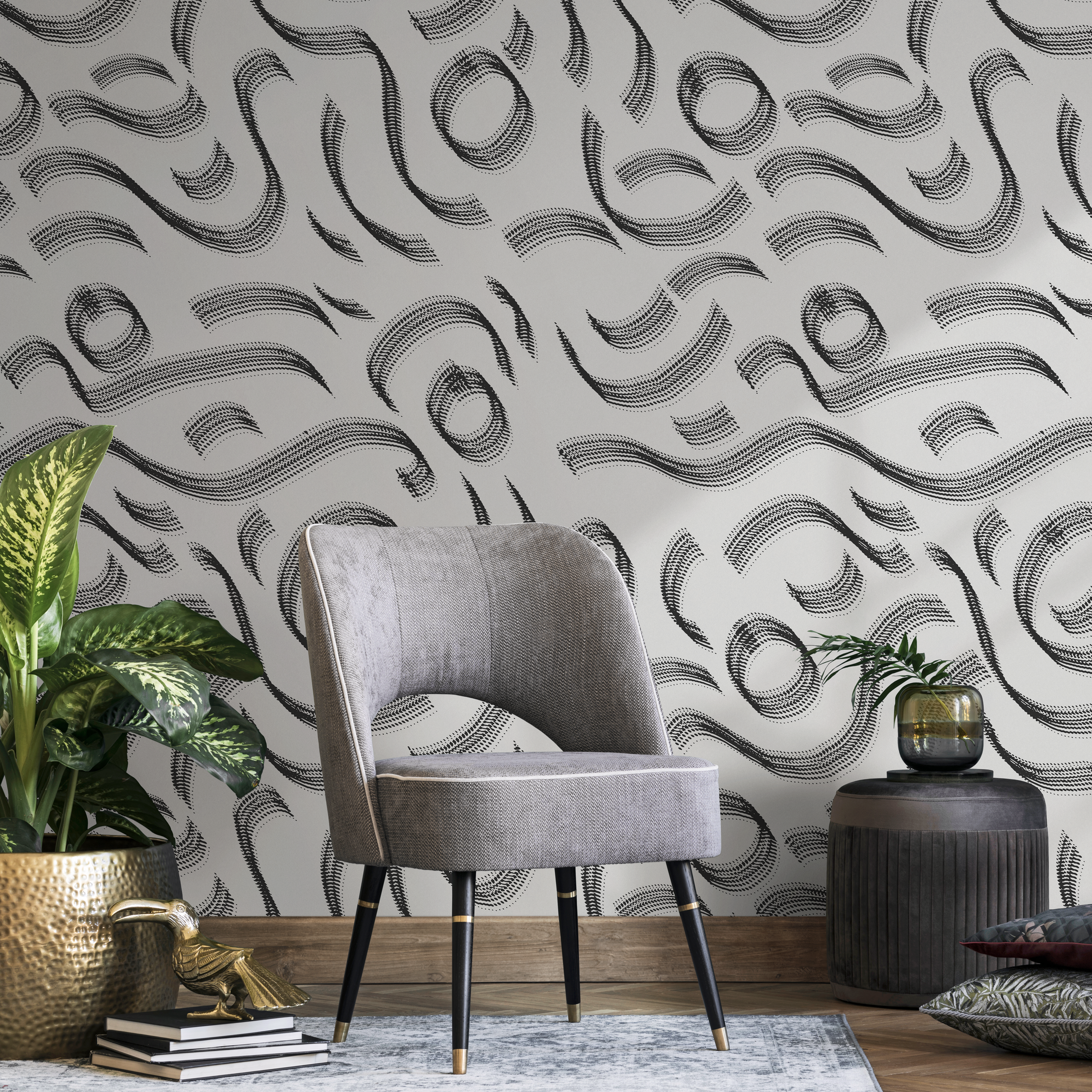 Abstract Wallpaper With Flowing Dotted Lines In Black And White - C527