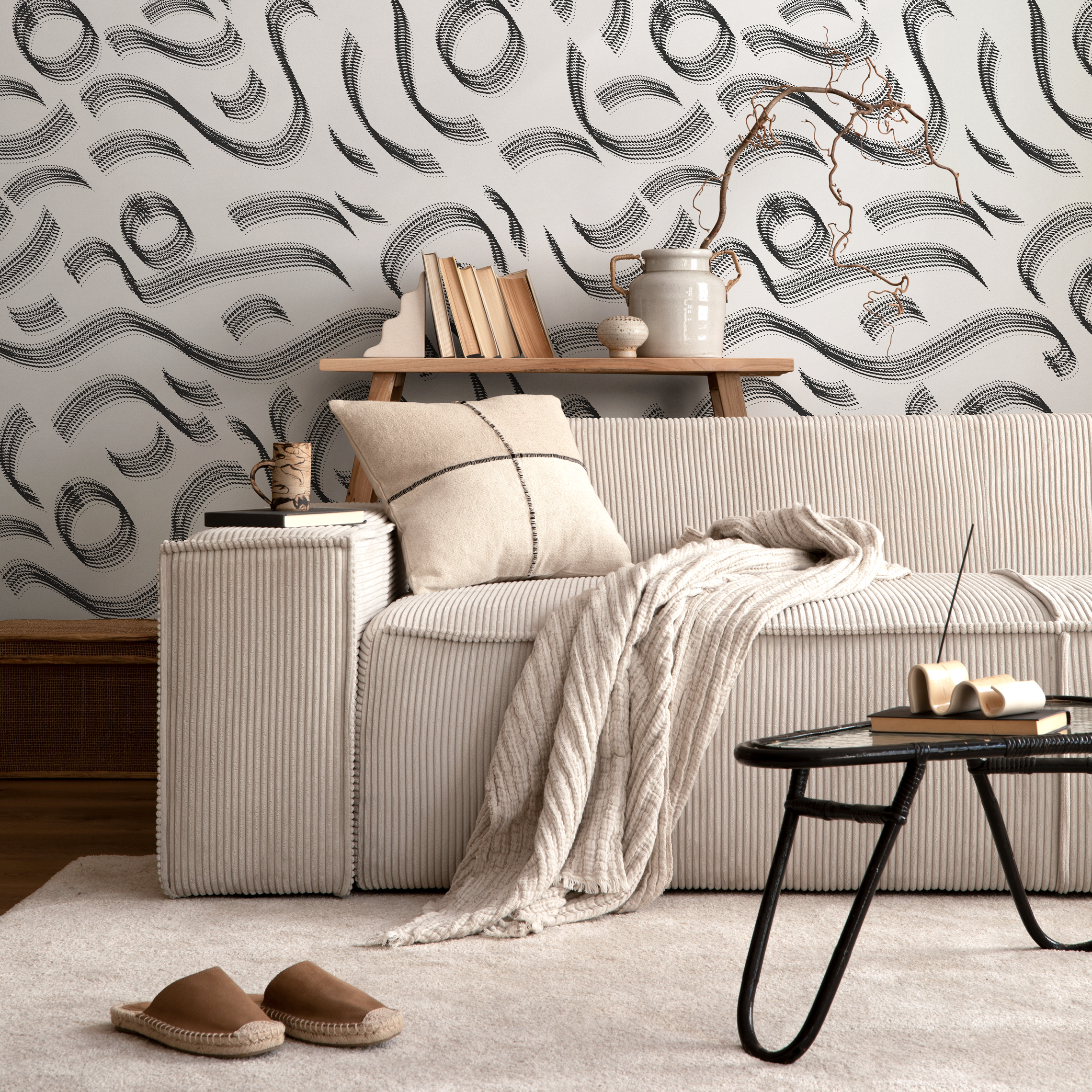 Abstract Wallpaper With Flowing Dotted Lines In Black And White - C527