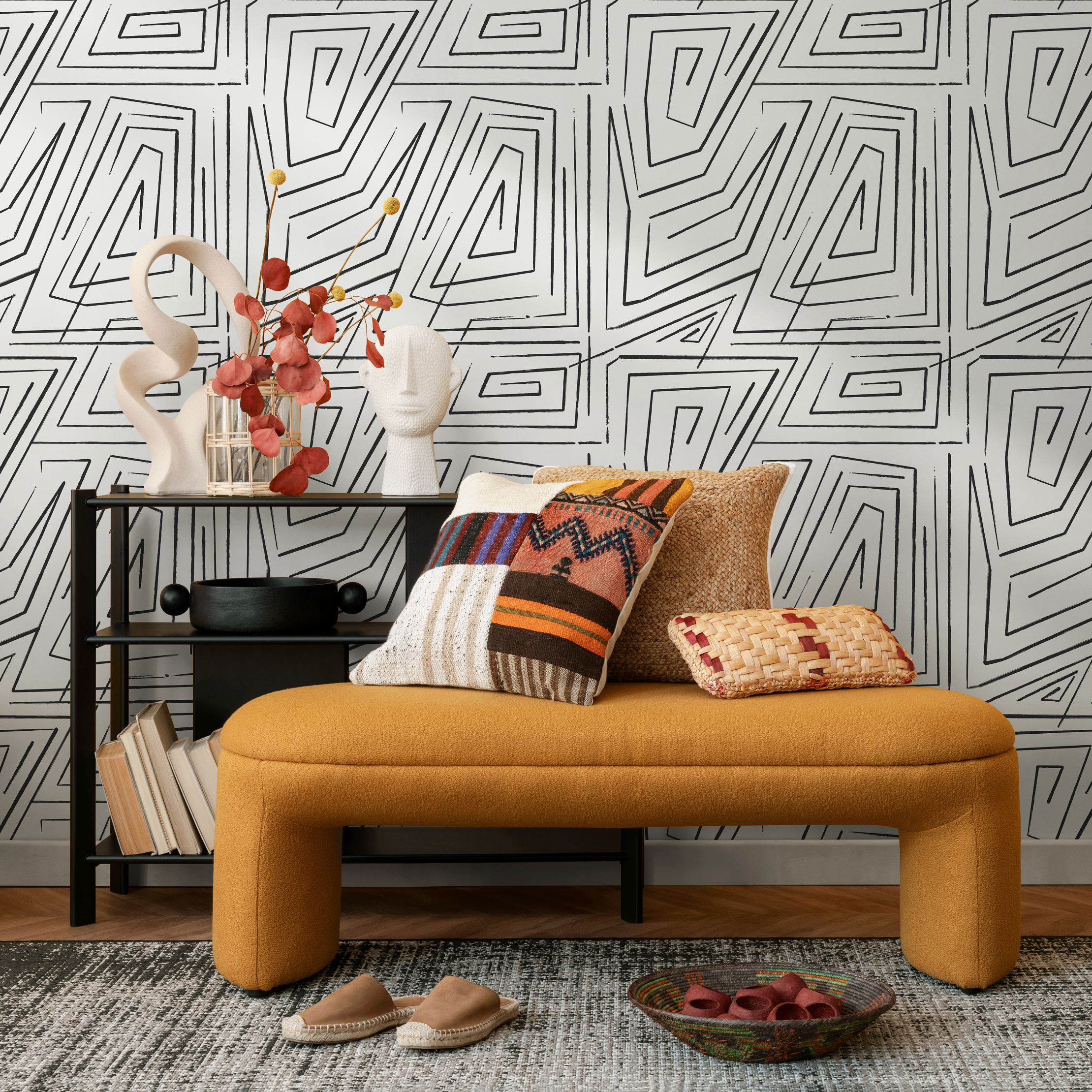 Abstract Wallpaper With A Hand-drawn Maze Motif In Black And White - C528