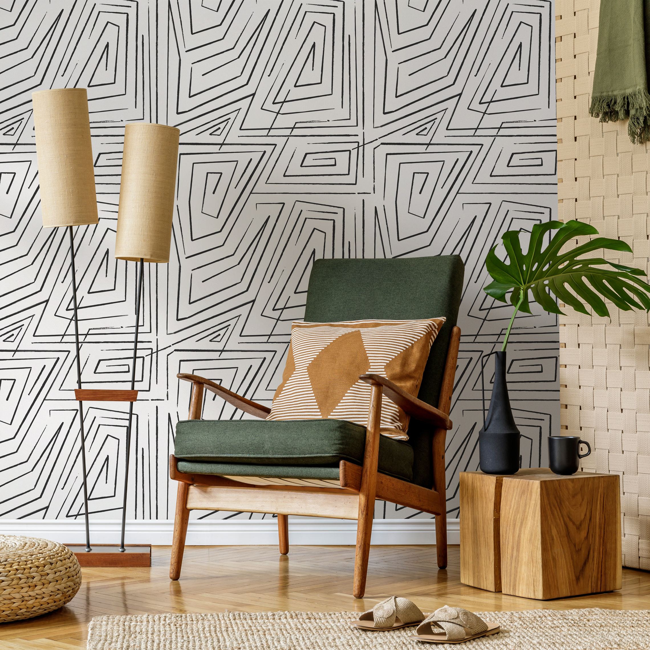 Abstract Wallpaper With A Hand-drawn Maze Motif In Black And White - C528