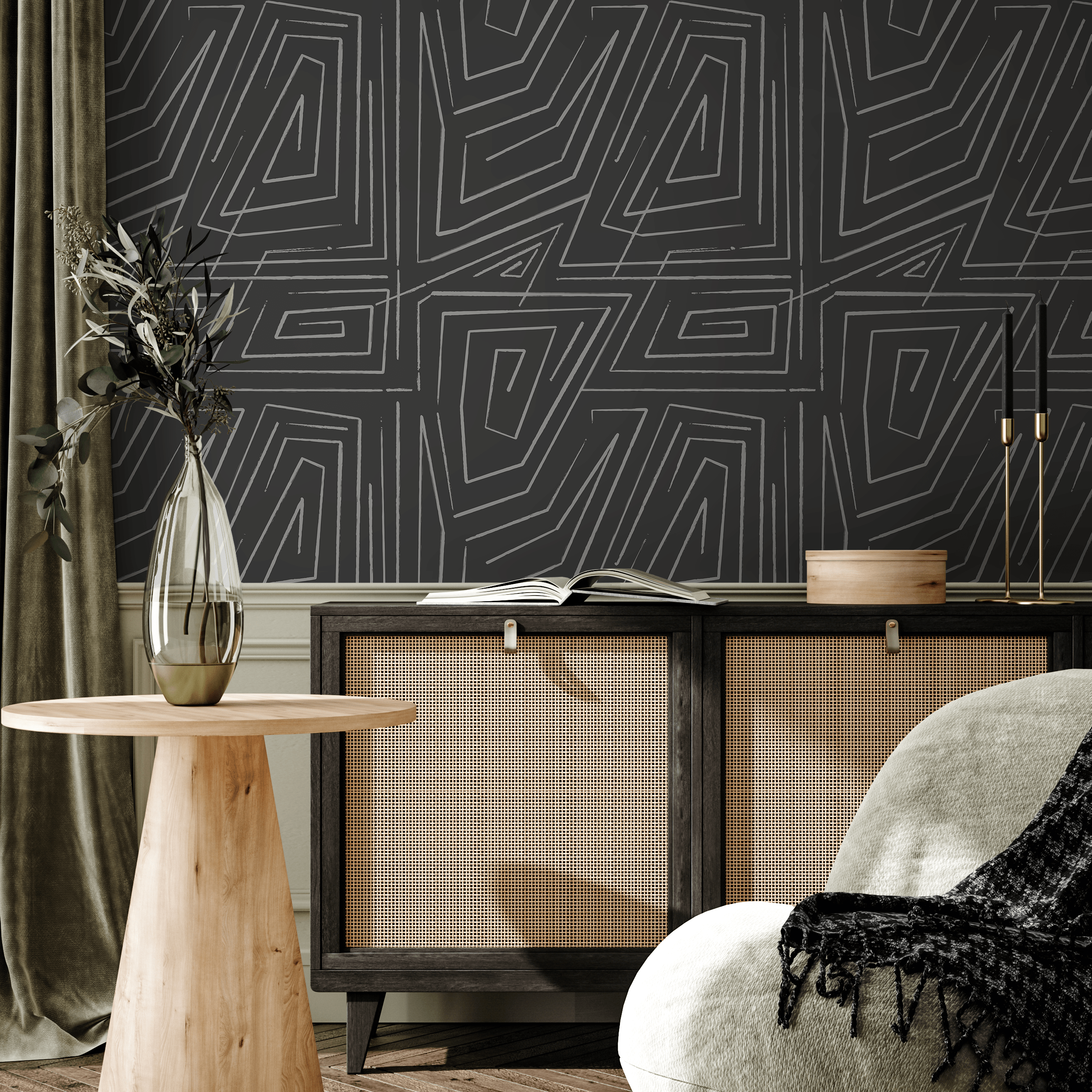 Abstract Wallpaper With A Sketched Labyrinth In Gray And White - C529