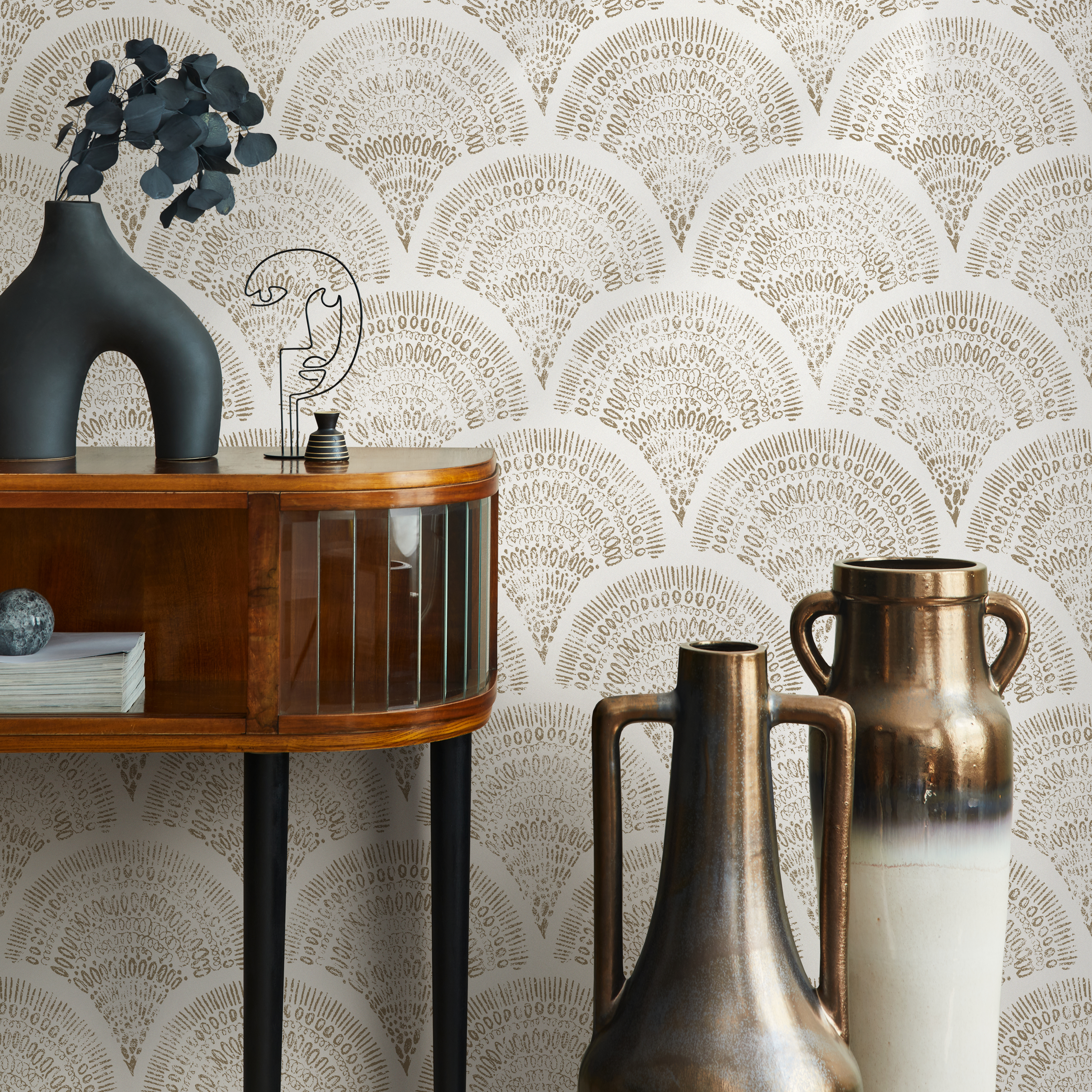 Boho Wallpaper With A Scalloped Fan Motif In Taupe - C530