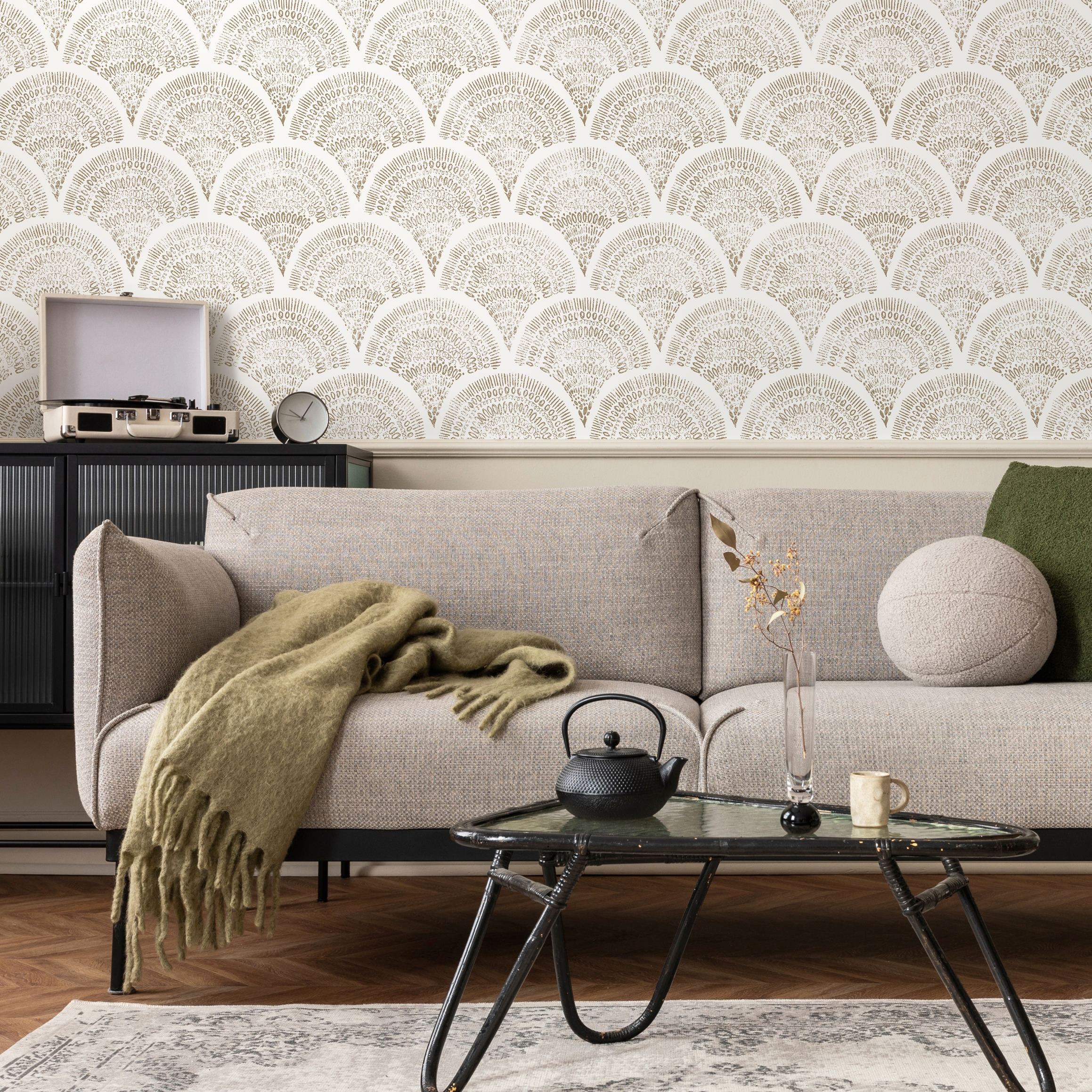 Boho Wallpaper With A Scalloped Fan Motif In Taupe - C530