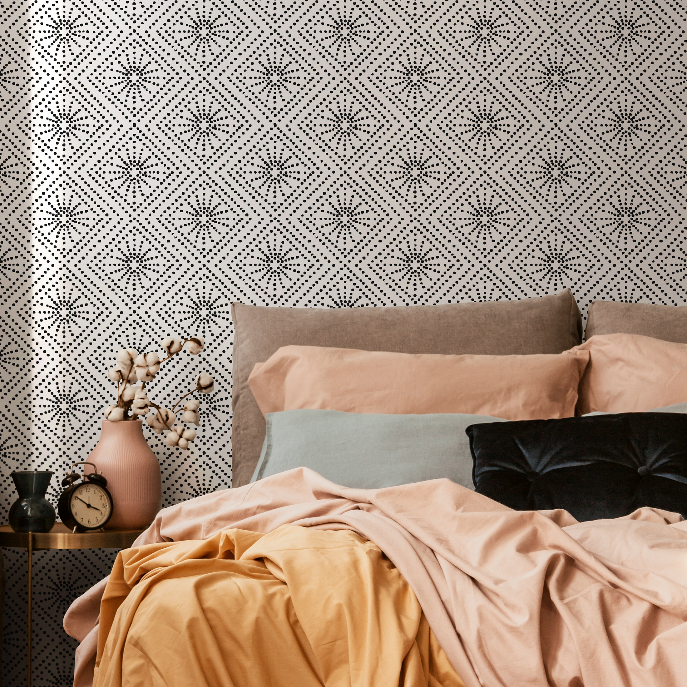 Geometric Wallpaper With A Dotted Starburst Pattern In Black And White - C533