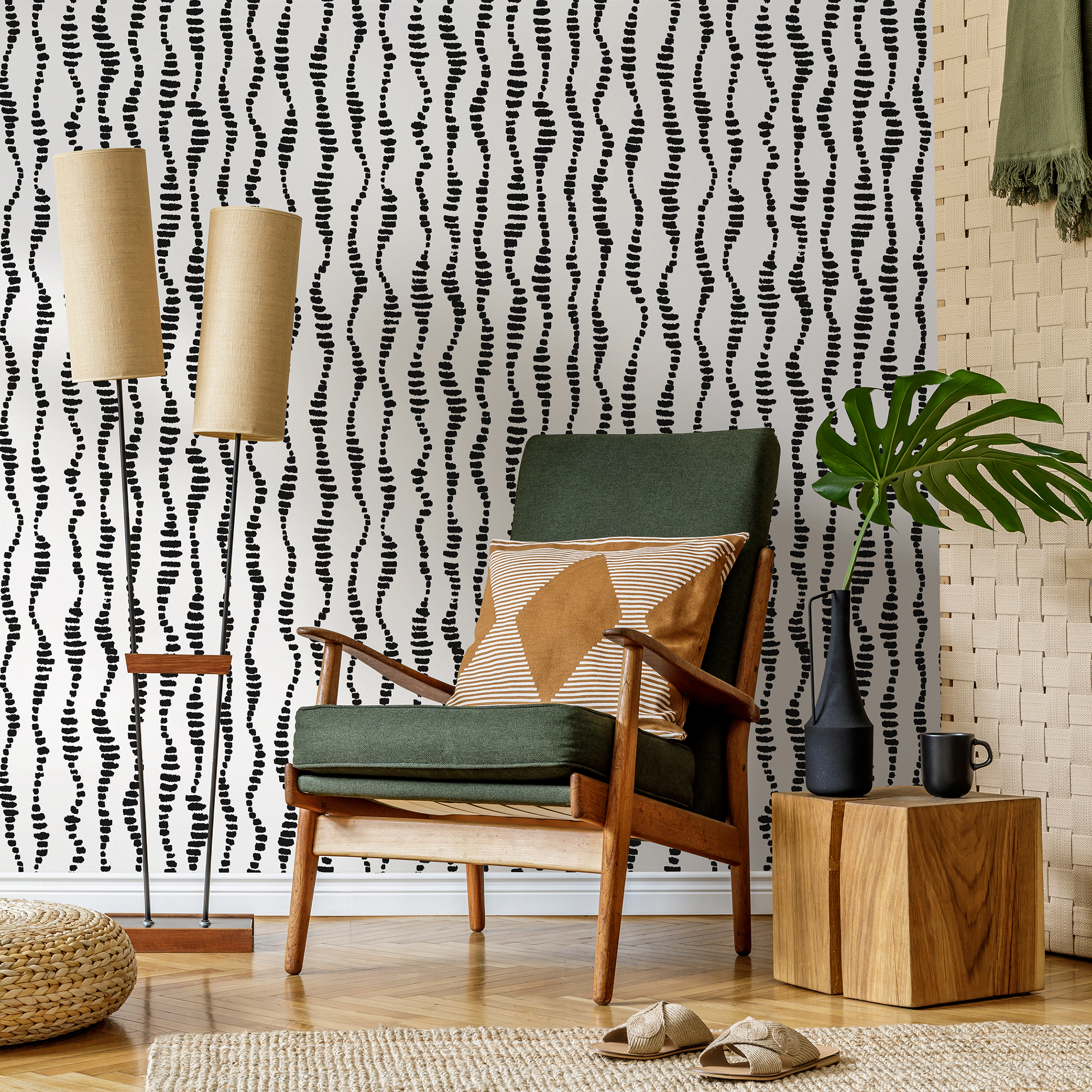 Abstract Wallpaper With Wavy Dashed Lines In Black And White - C535