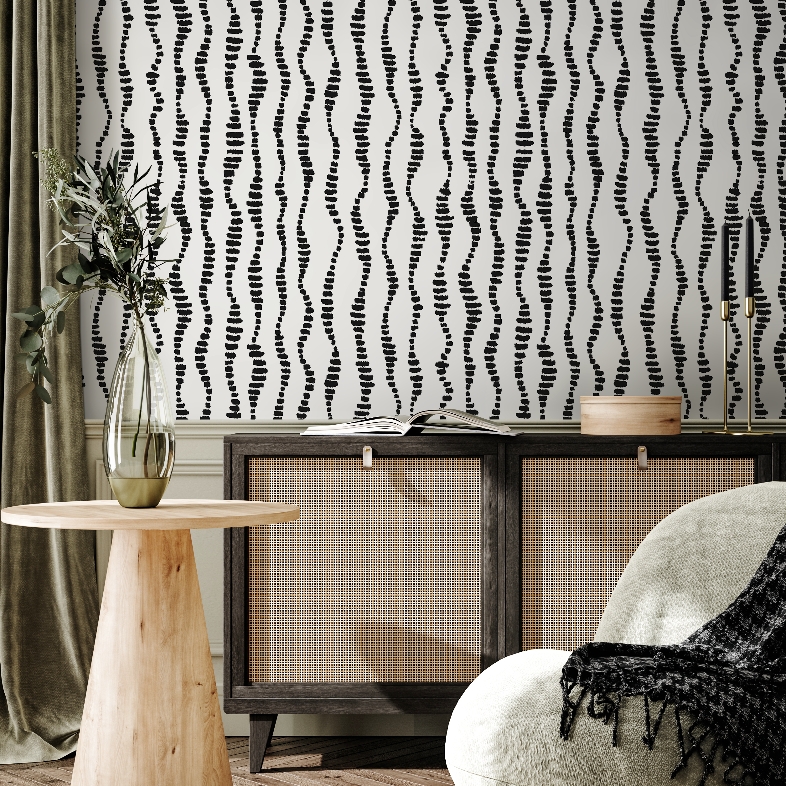 Abstract Wallpaper With Wavy Dashed Lines In Black And White - C535