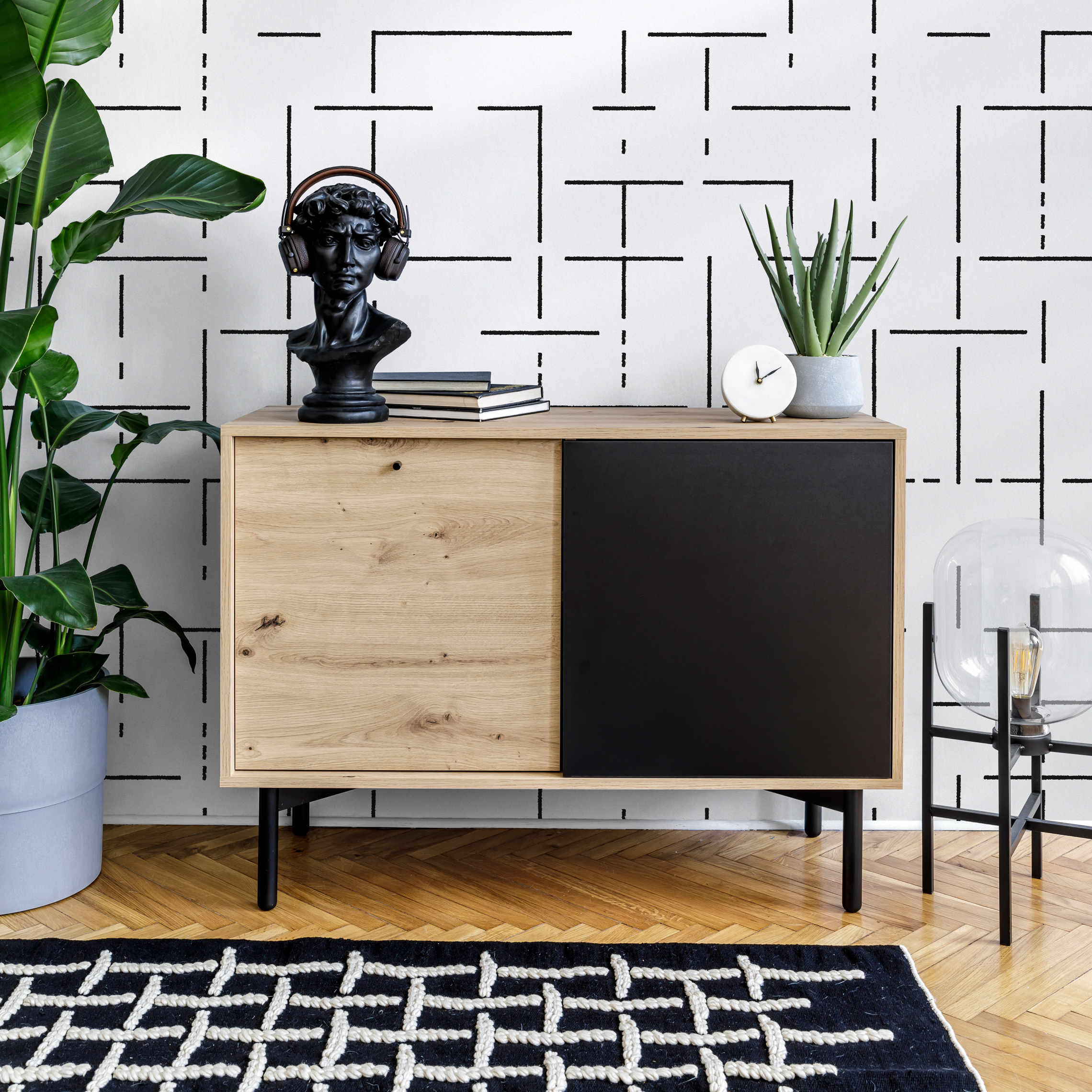 Geometric Wallpaper With A Modern Linear Maze In Black And White - C536