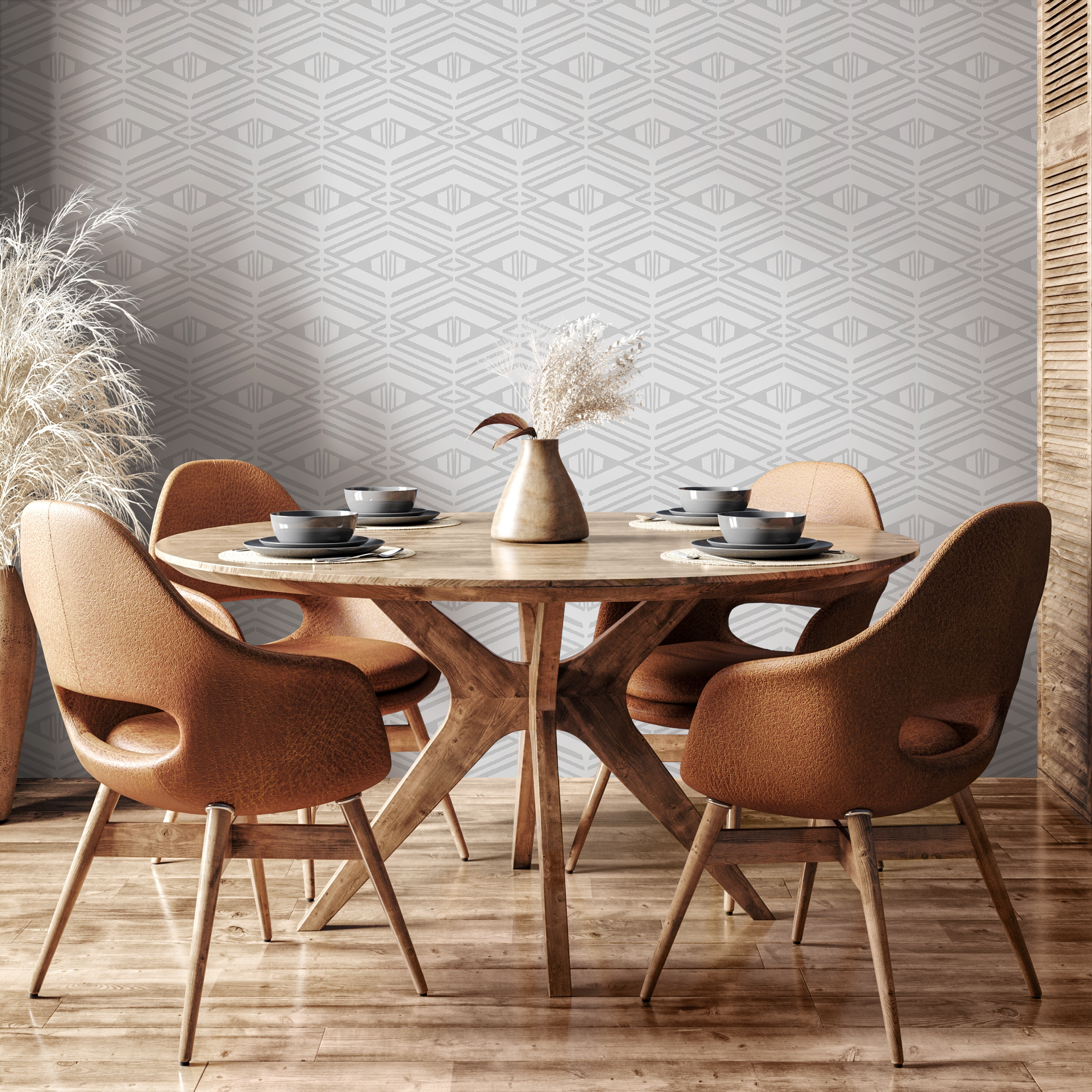 Geometric Wallpaper With A Tribal Diamond Motif In Light Gray - C538