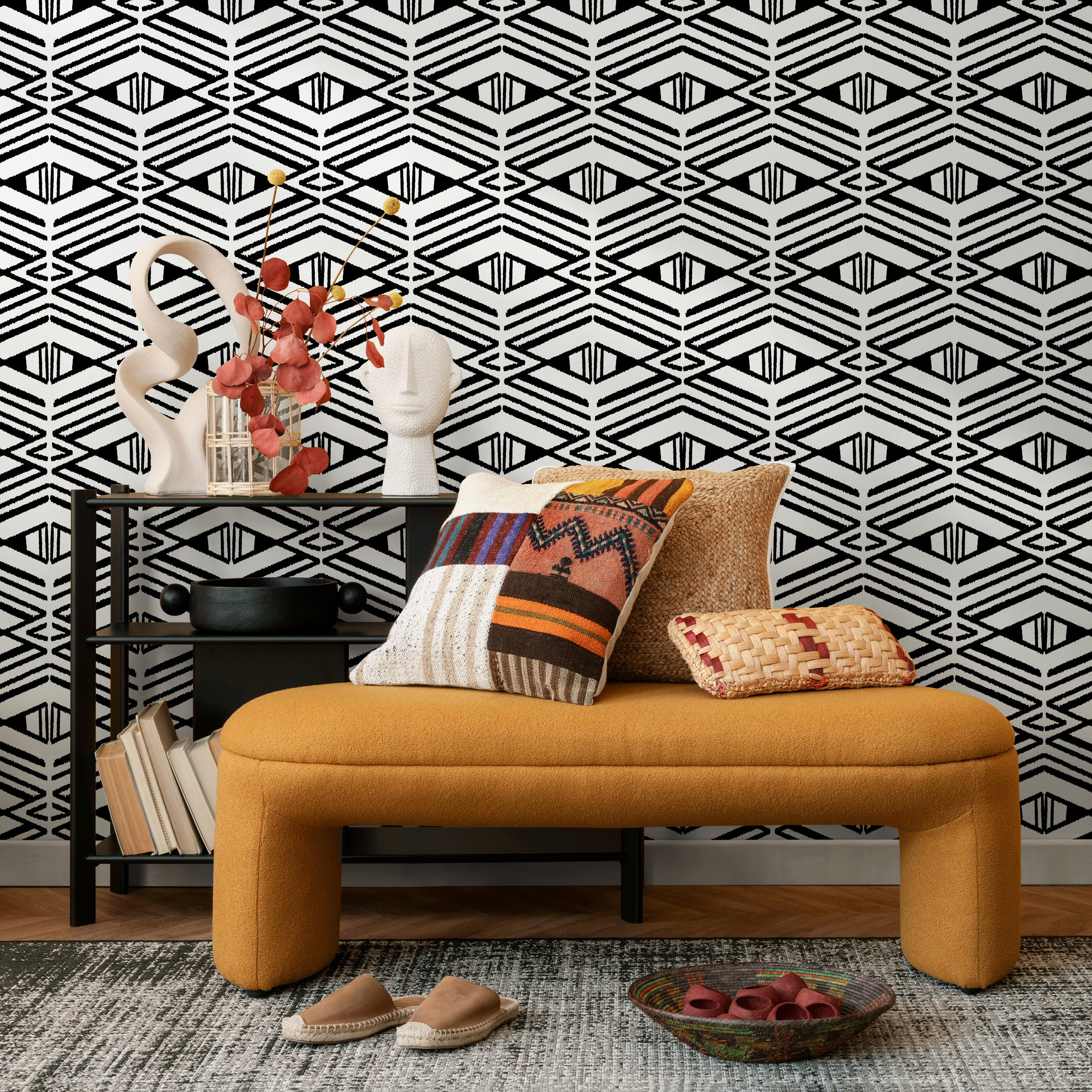 Geometric Wallpaper With A Stamped Diamond Motif In Black And White - C539