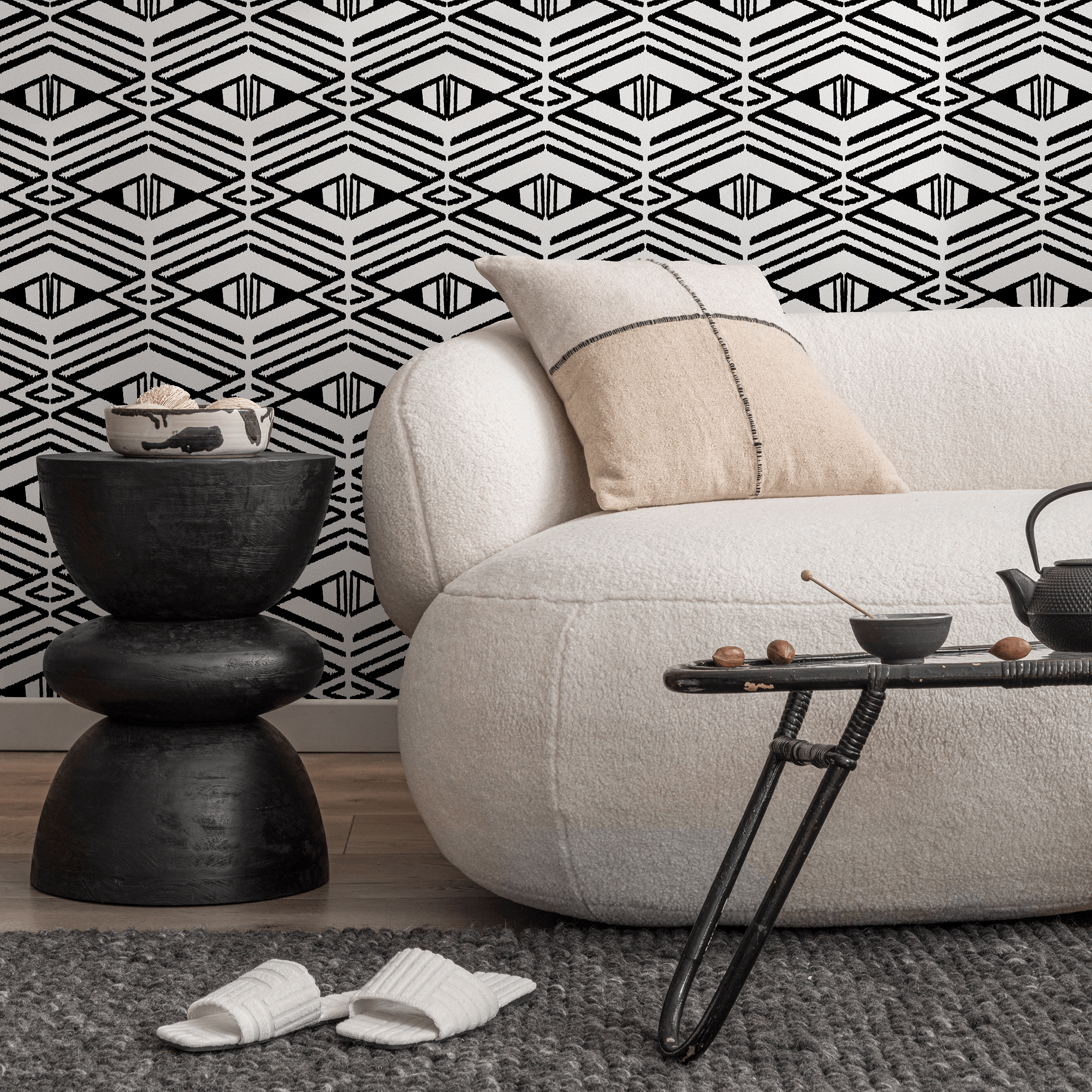 Geometric Wallpaper With A Stamped Diamond Motif In Black And White - C539