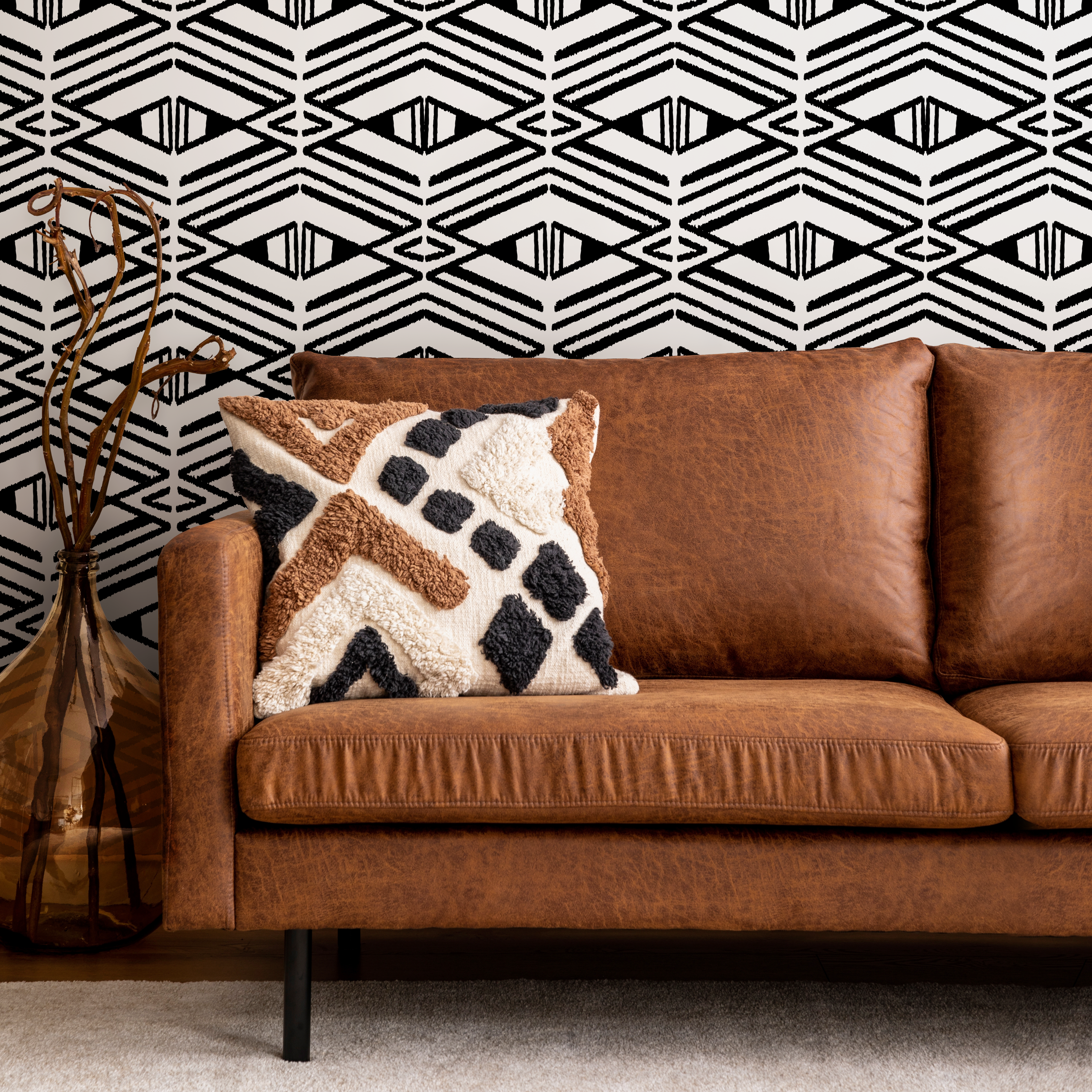 Geometric Wallpaper With A Stamped Diamond Motif In Black And White - C539