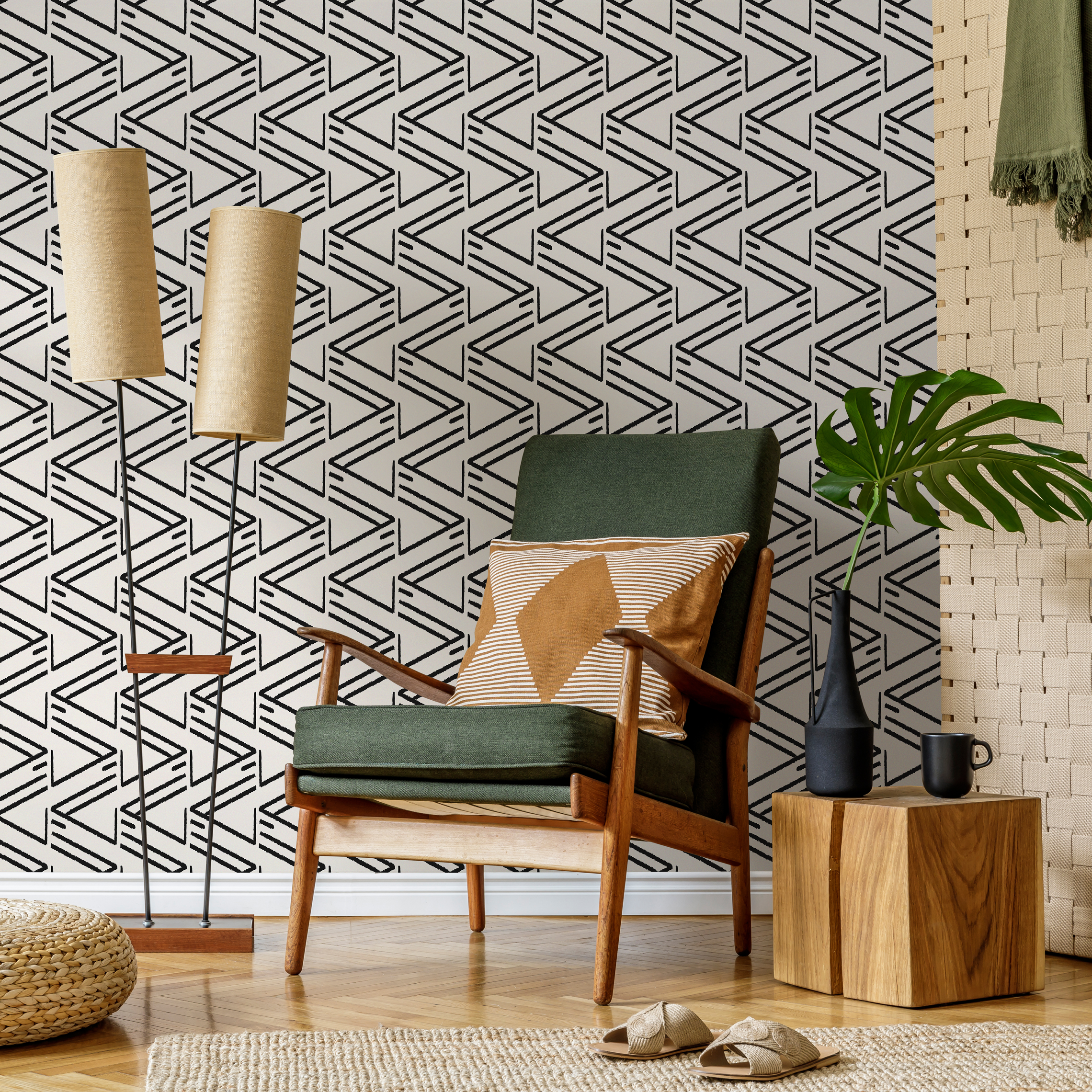 Geometric Wallpaper With A Modern V-line Motif In Black And Off-white - C540