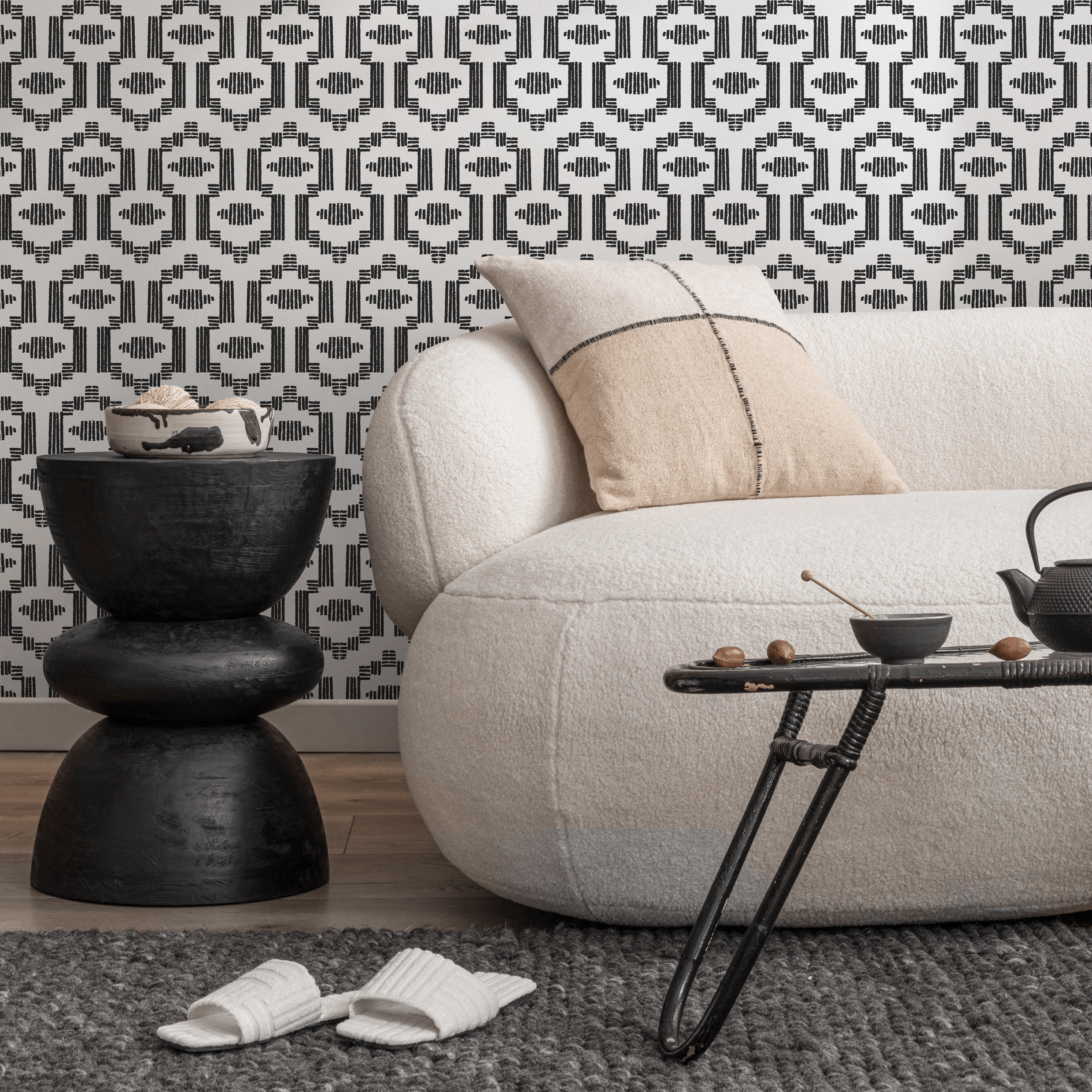 Geometric Wallpaper With A Boho Inspired Motif In Black And Gray - C541
