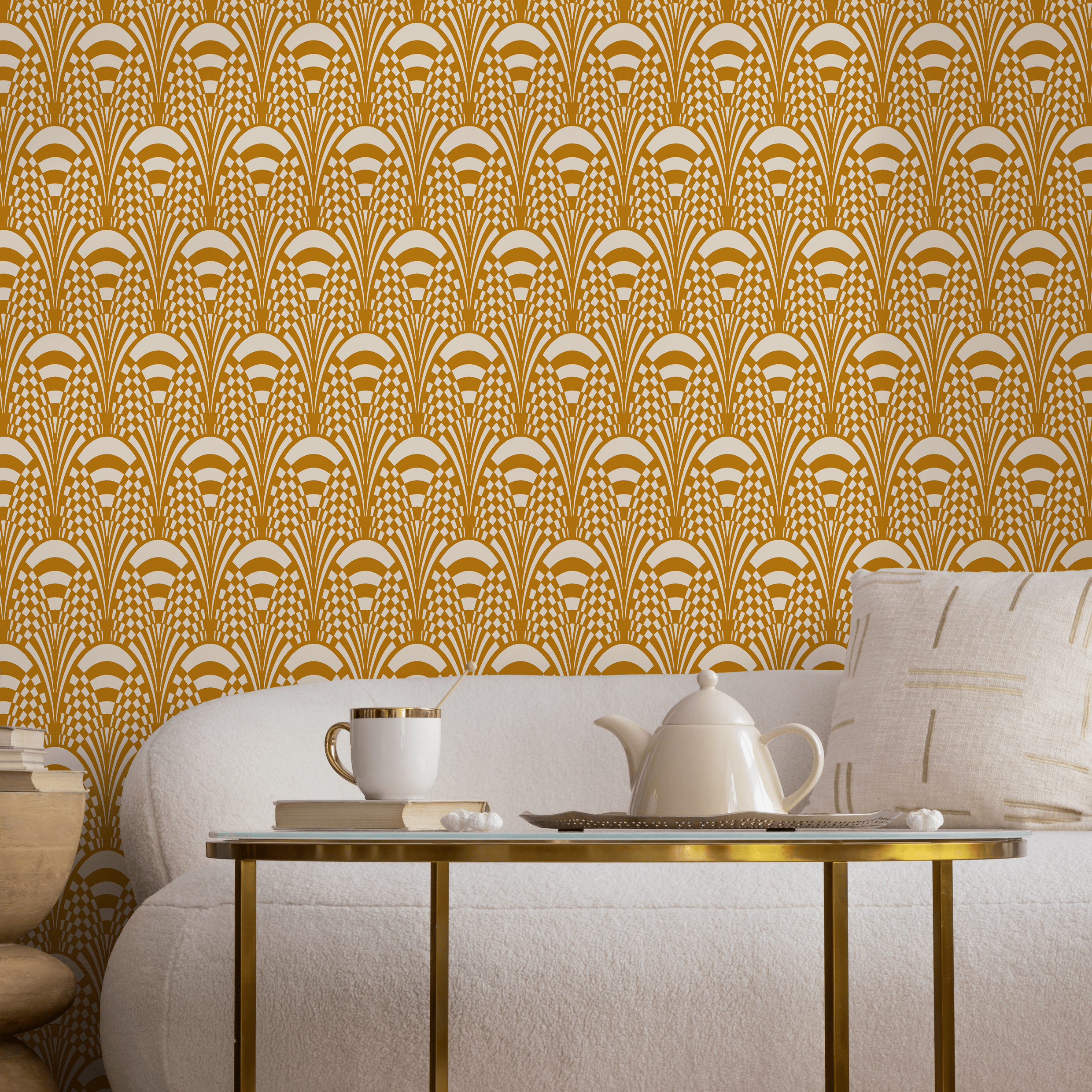 Art Deco Wallpaper With A Stylized Fan Motif In Yellow And White - C544