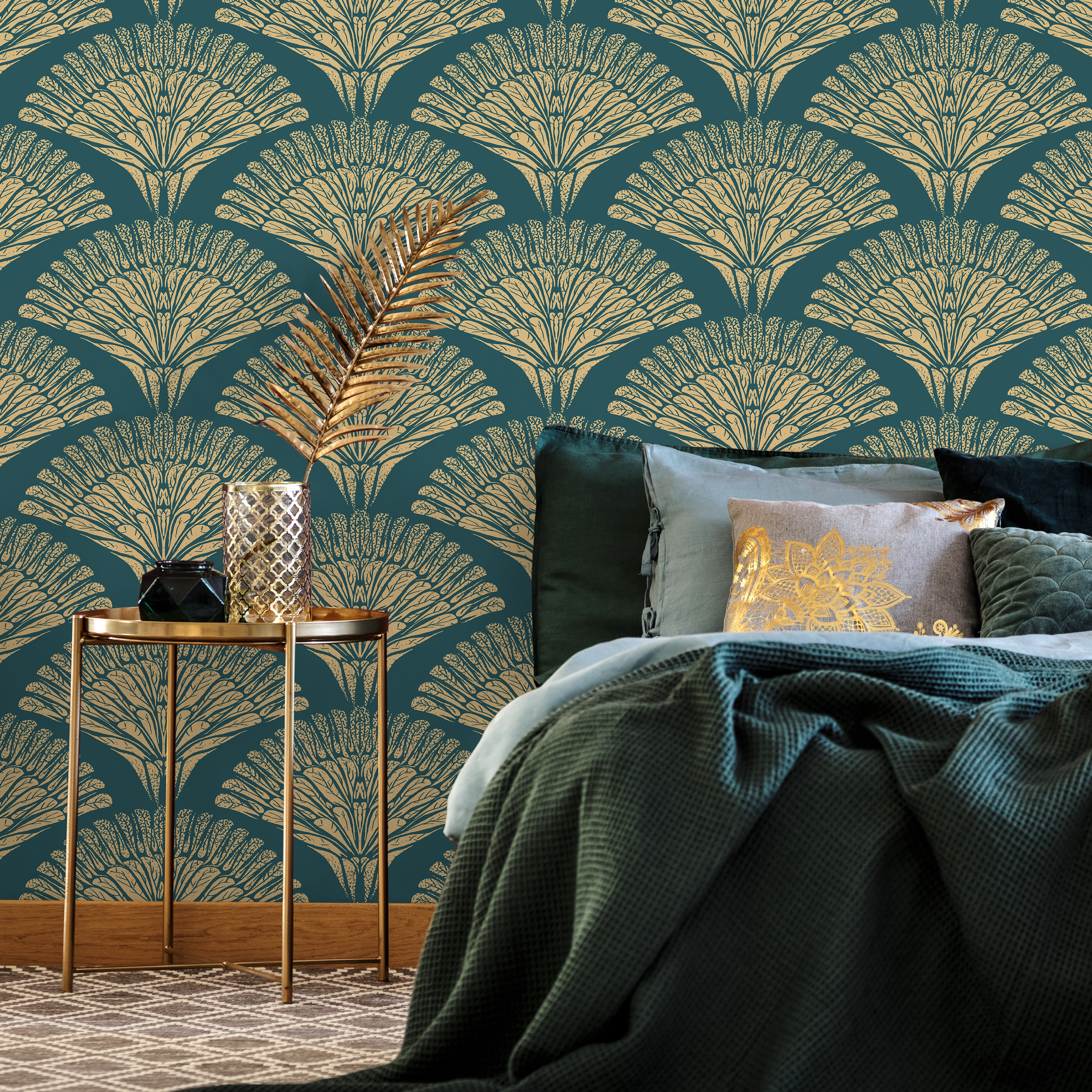 Art Deco Wallpaper With A Stylized Fan Motif In Teal And Gold - C546