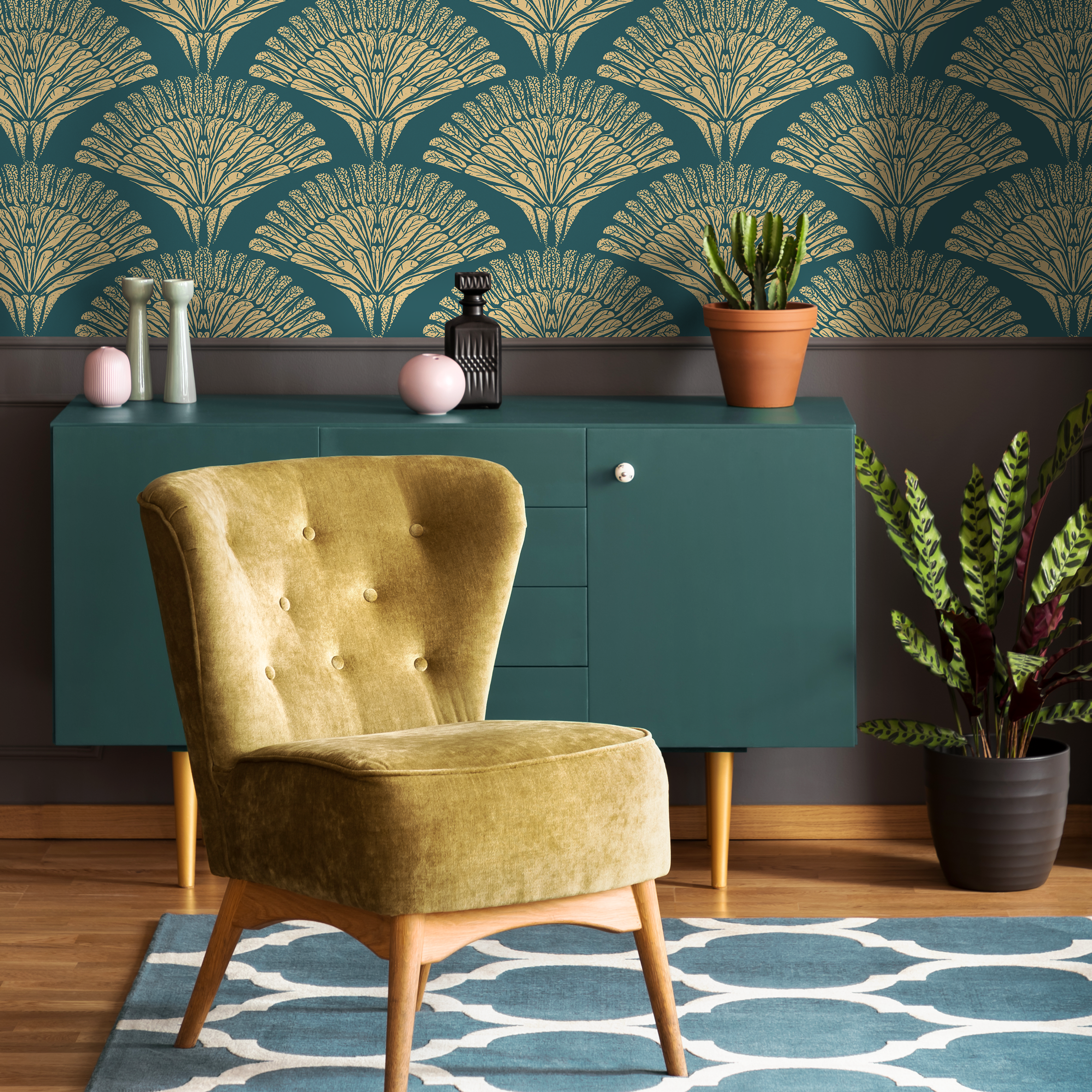 Art Deco Wallpaper With A Stylized Fan Motif In Teal And Gold - C546