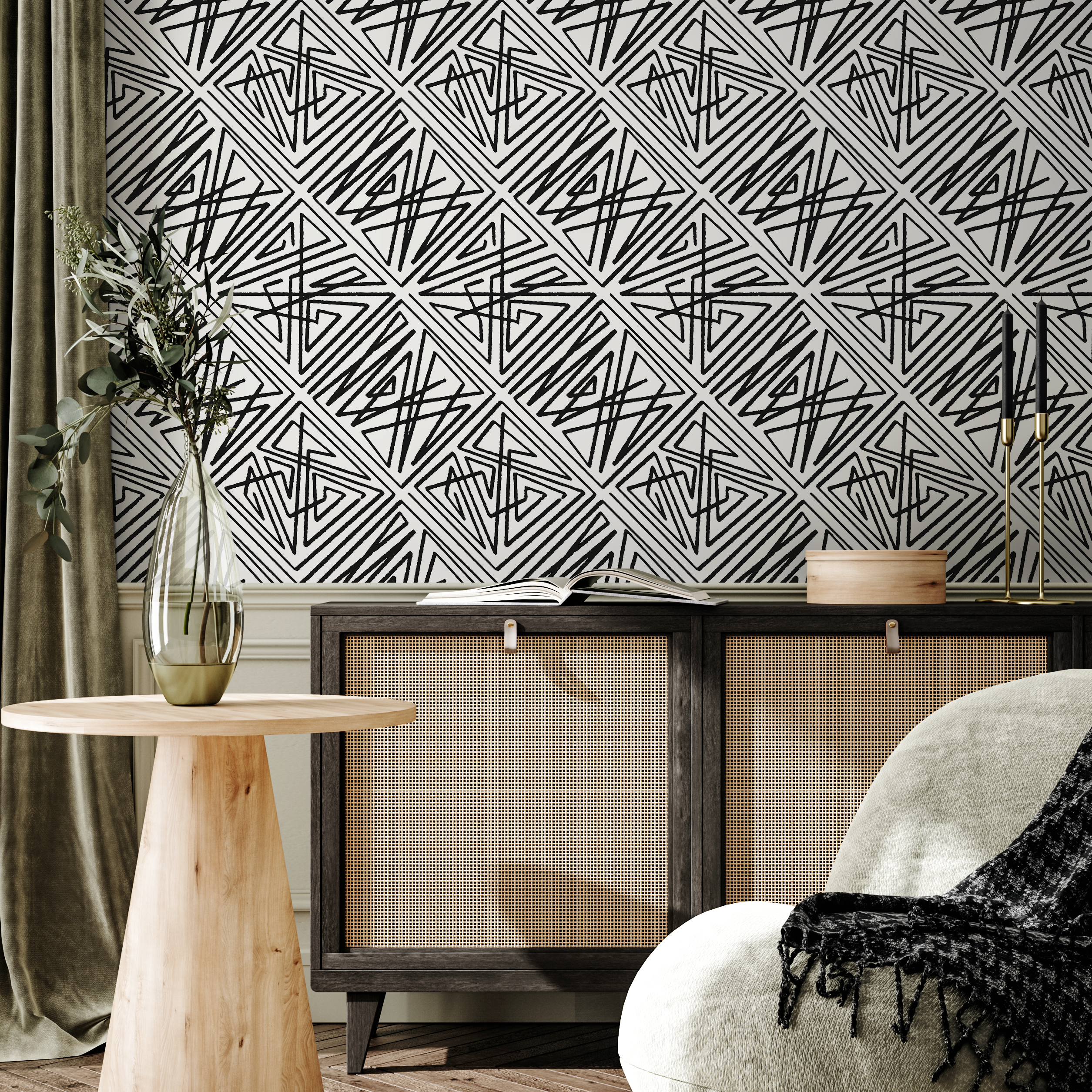 Geometric Wallpaper With Abstract Hand-drawn Triangles In Black And White - C547