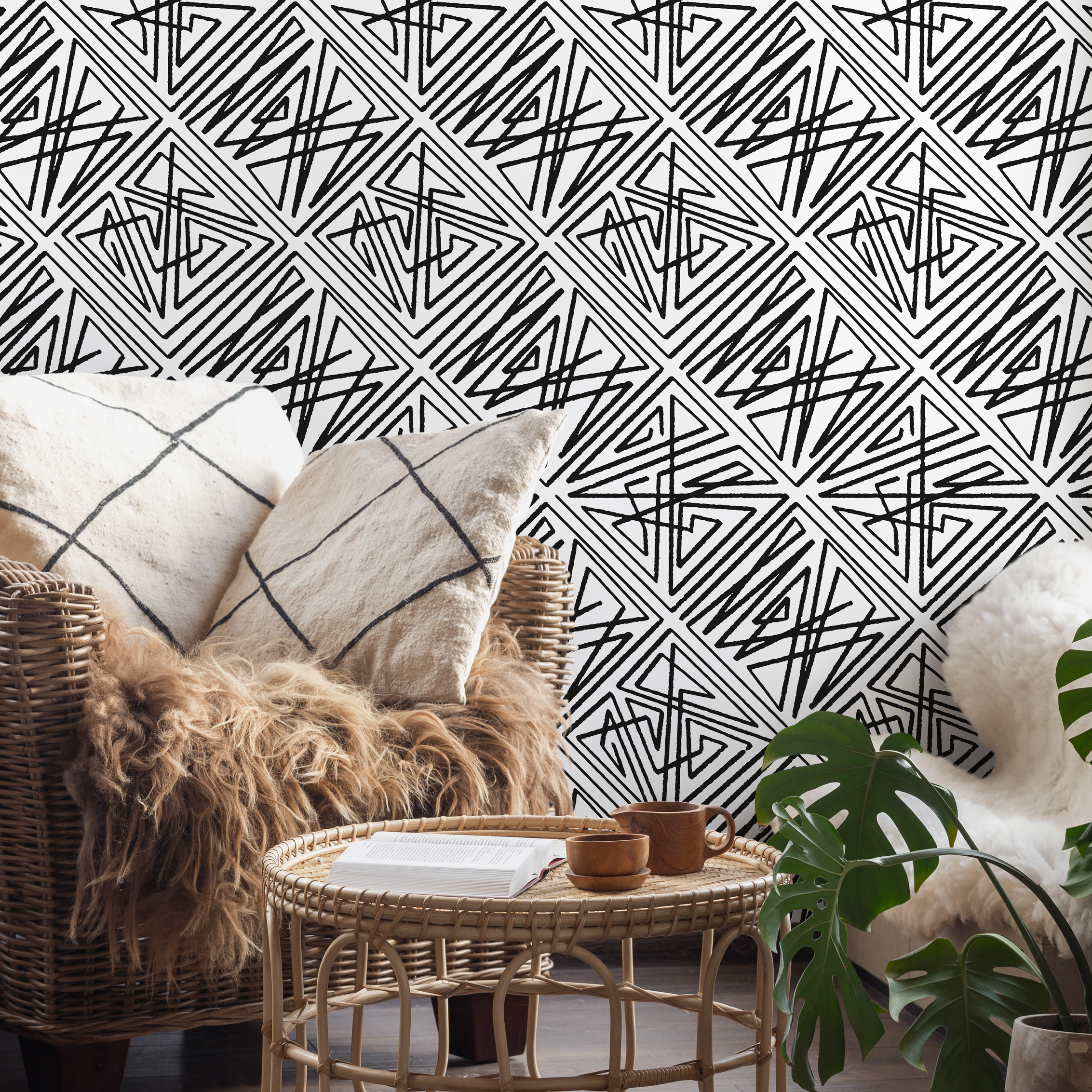 Geometric Wallpaper With Abstract Hand-drawn Triangles In Black And White - C547