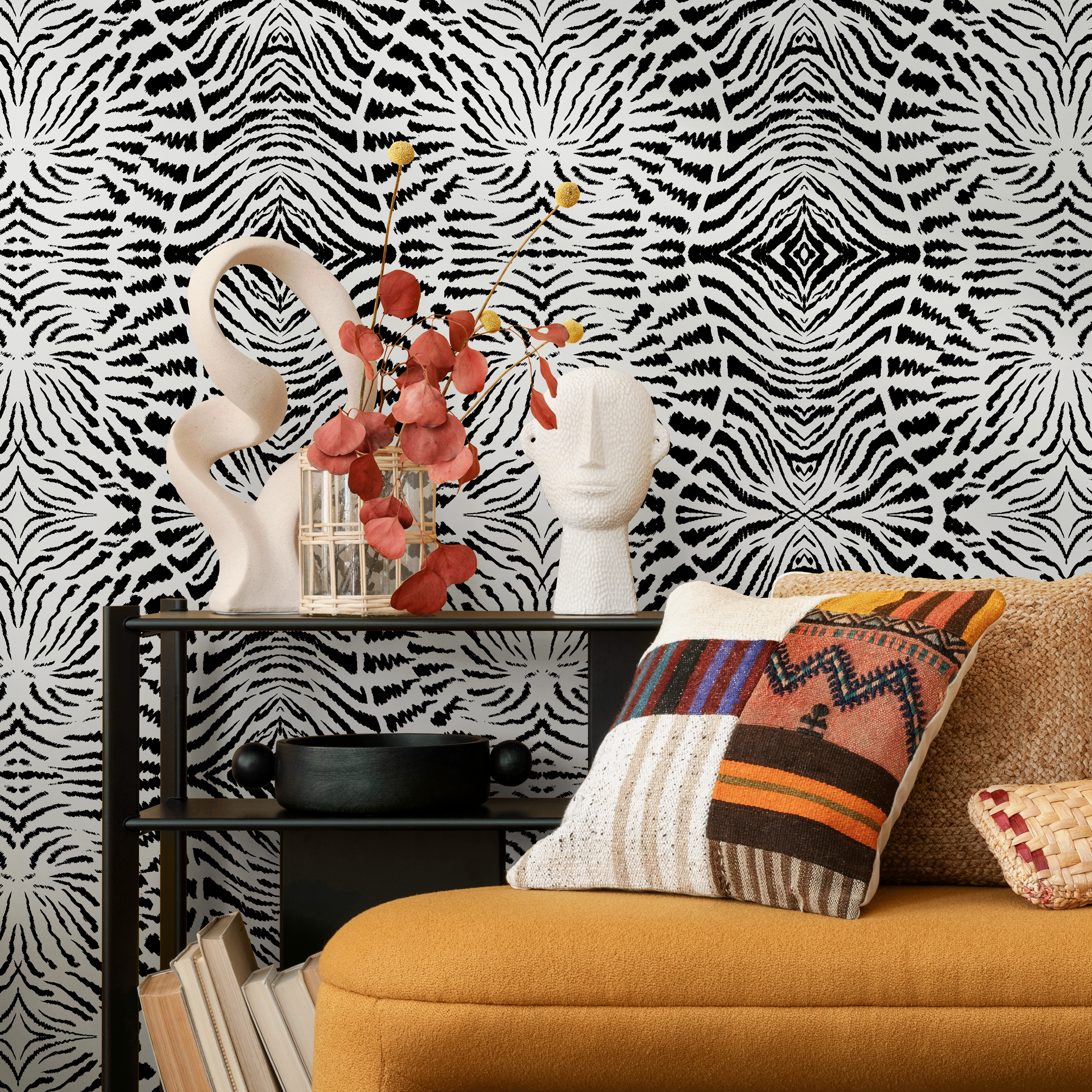Abstract Wallpaper With A Symmetrical Zebra Stripe Motif In Black And White - C548