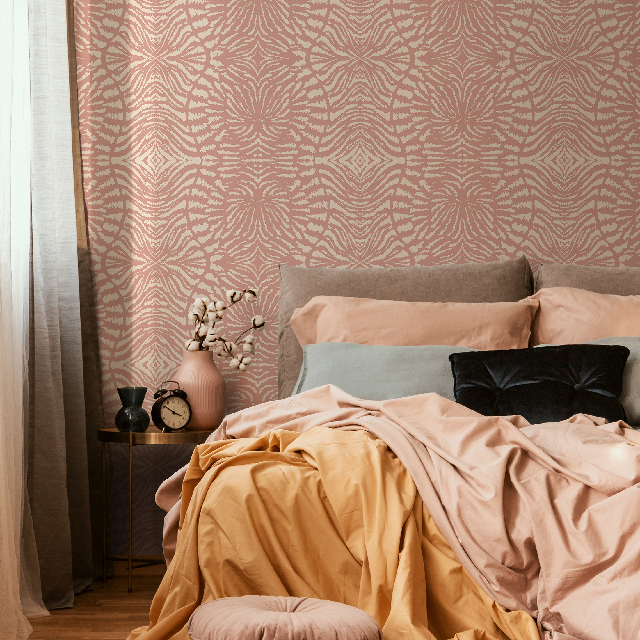 Abstract Wallpaper With A Symmetrical Ikat Motif In Pink And Cream - C549