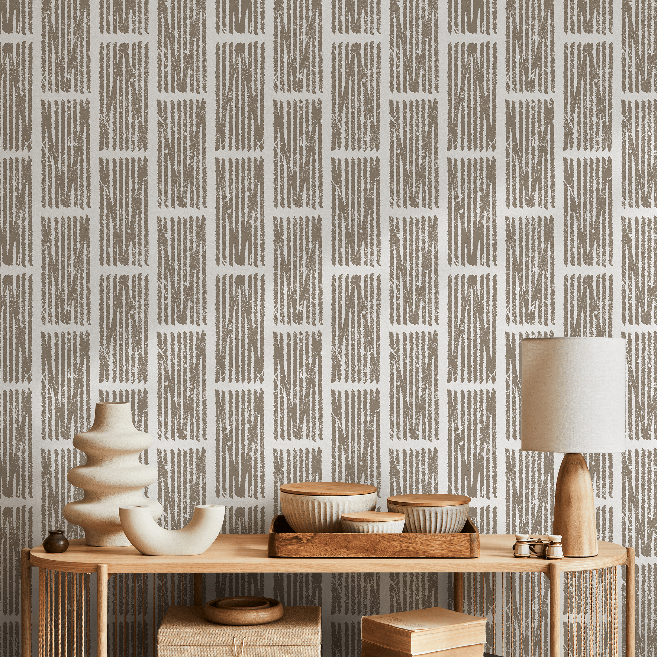Geometric Wallpaper With A Distressed Block Motif In Beige And Gray - C551