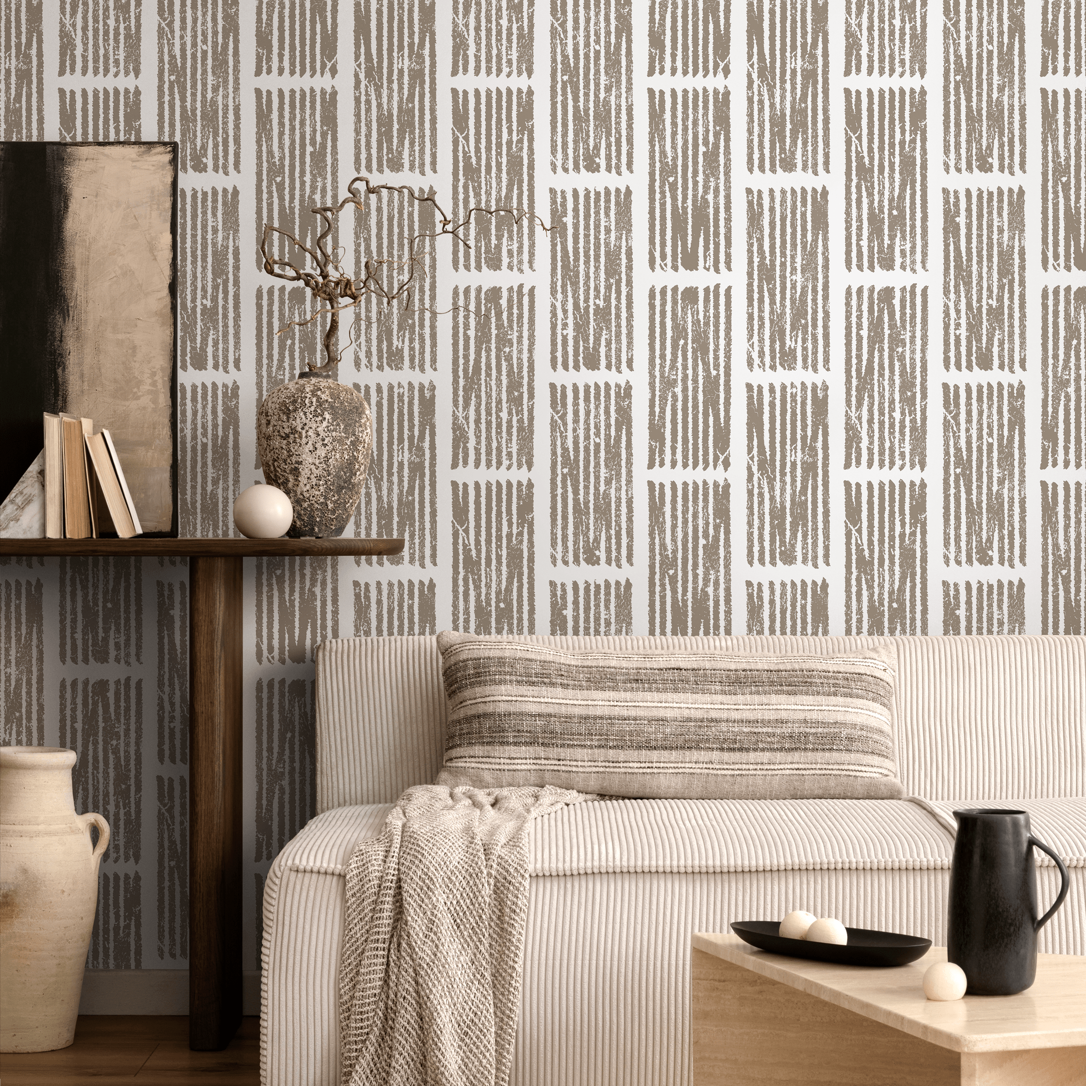 Geometric Wallpaper With A Distressed Block Motif In Beige And Gray - C551