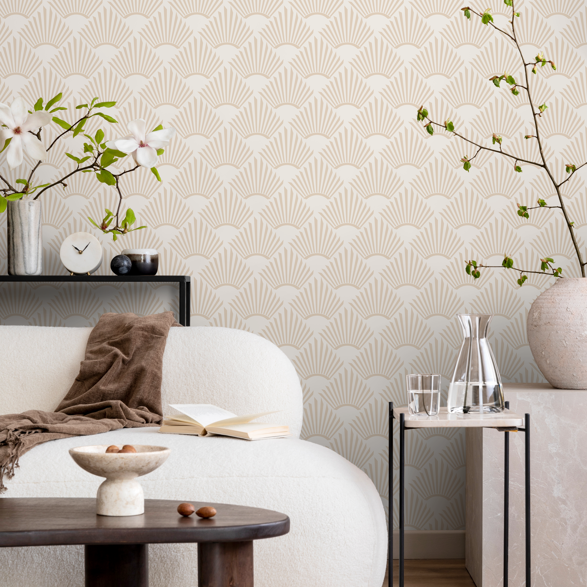 Art Deco Wallpaper With A Stylized Fan Motif In Light Brown And Beige - C552