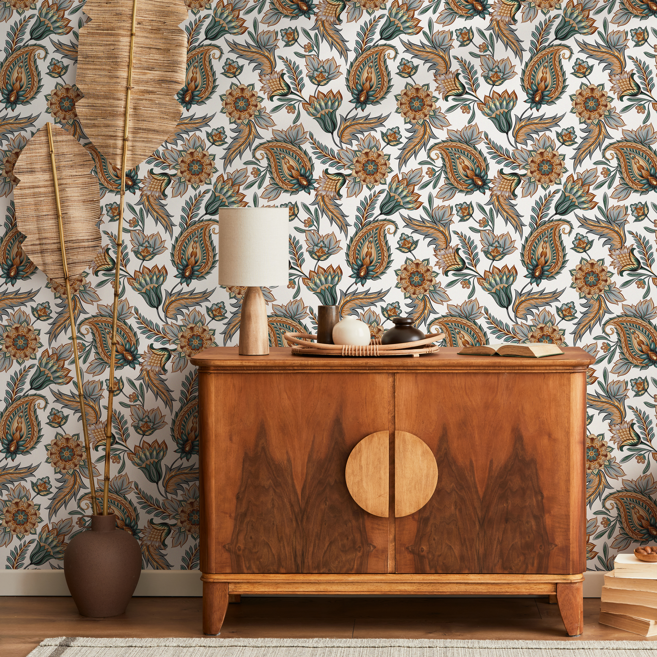 Paisley Wallpaper With Ornate Floral Details In Teal, Orange, And Blue - C553