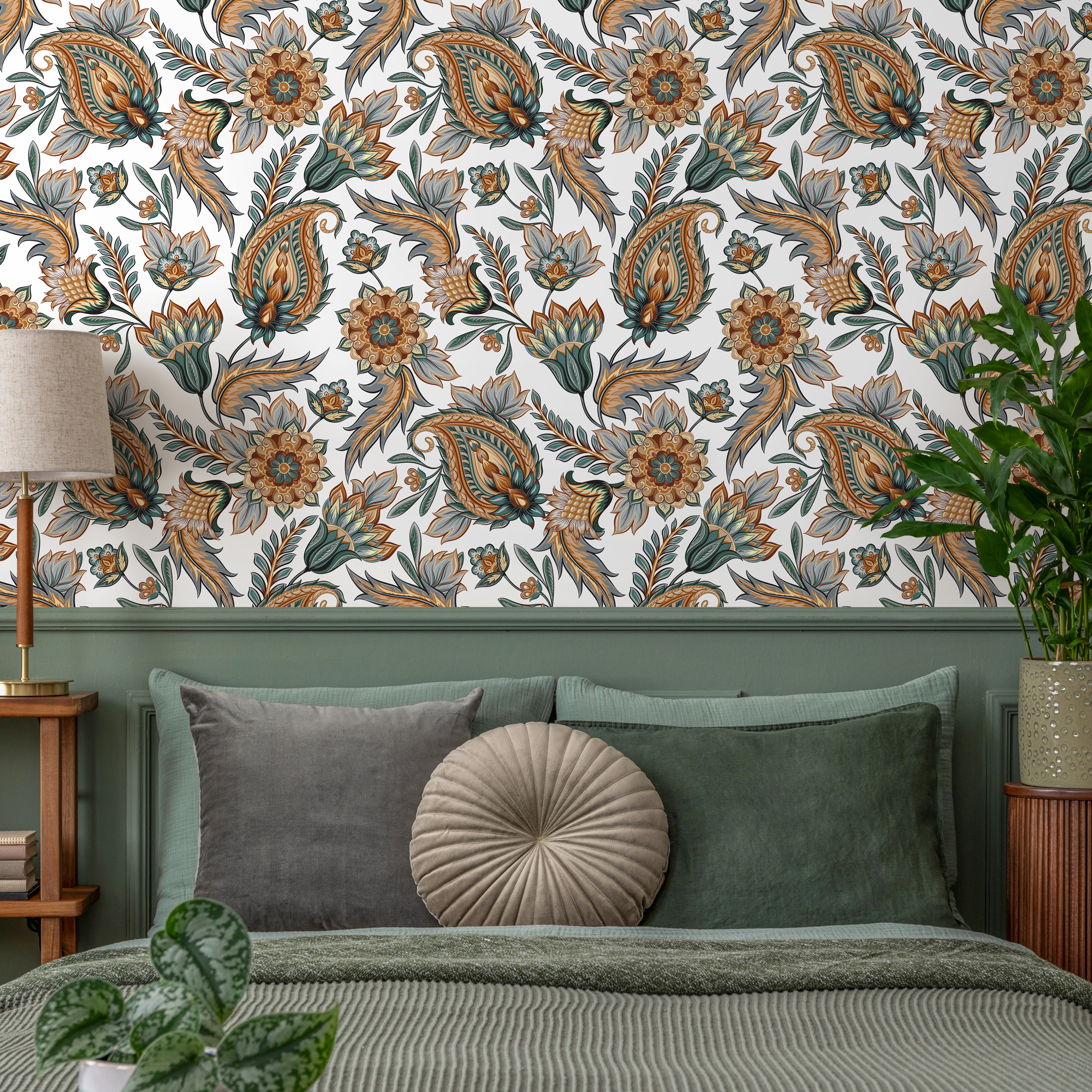 Paisley Wallpaper With Ornate Floral Details In Teal, Orange, And Blue - C553