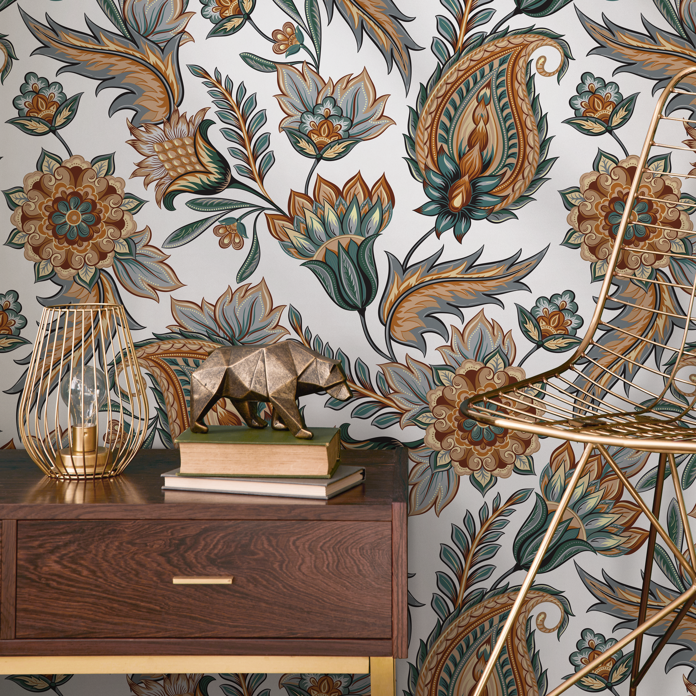Paisley Wallpaper With Ornate Floral Details In Teal, Orange, And Blue - C553