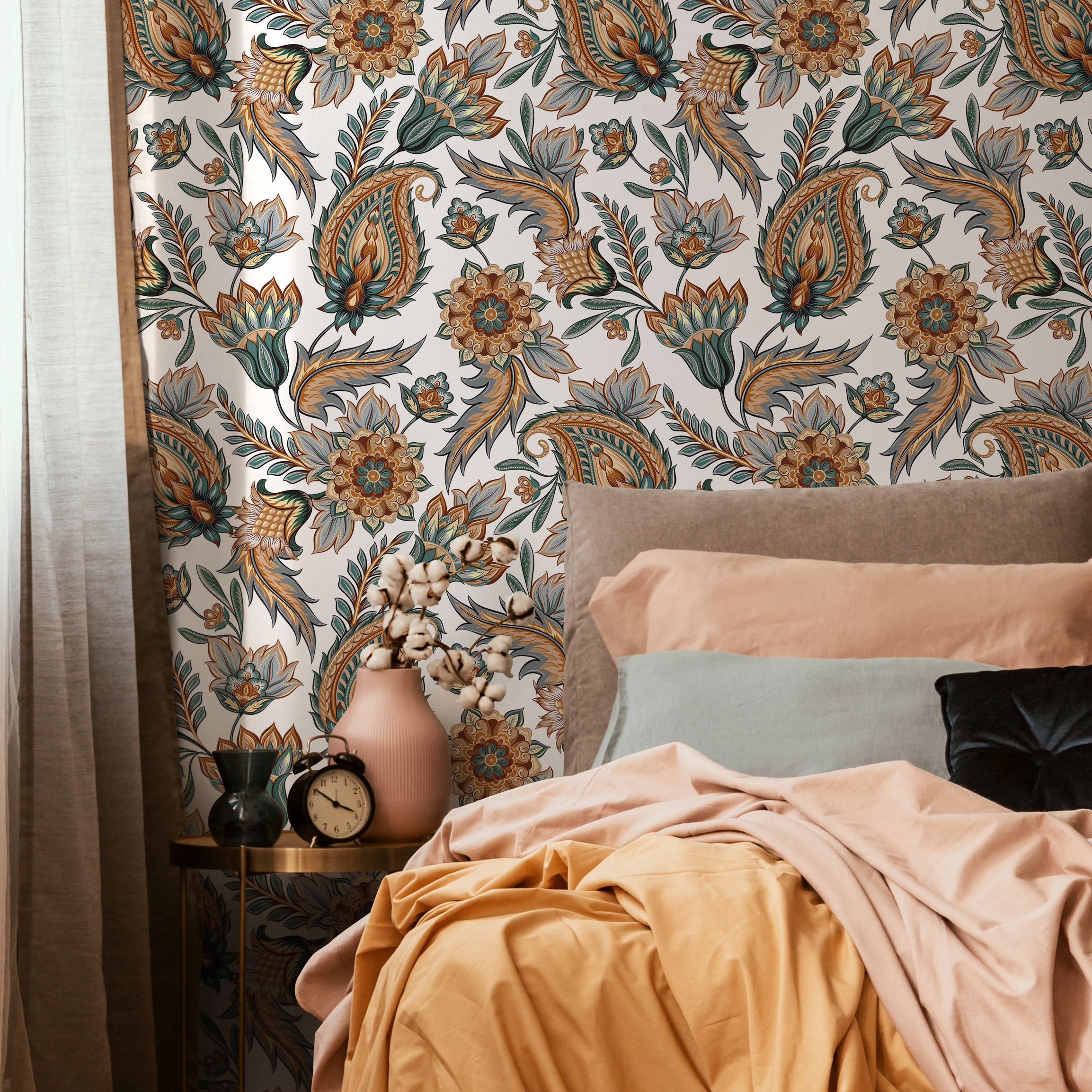Paisley Wallpaper With Ornate Floral Details In Teal, Orange, And Blue - C553