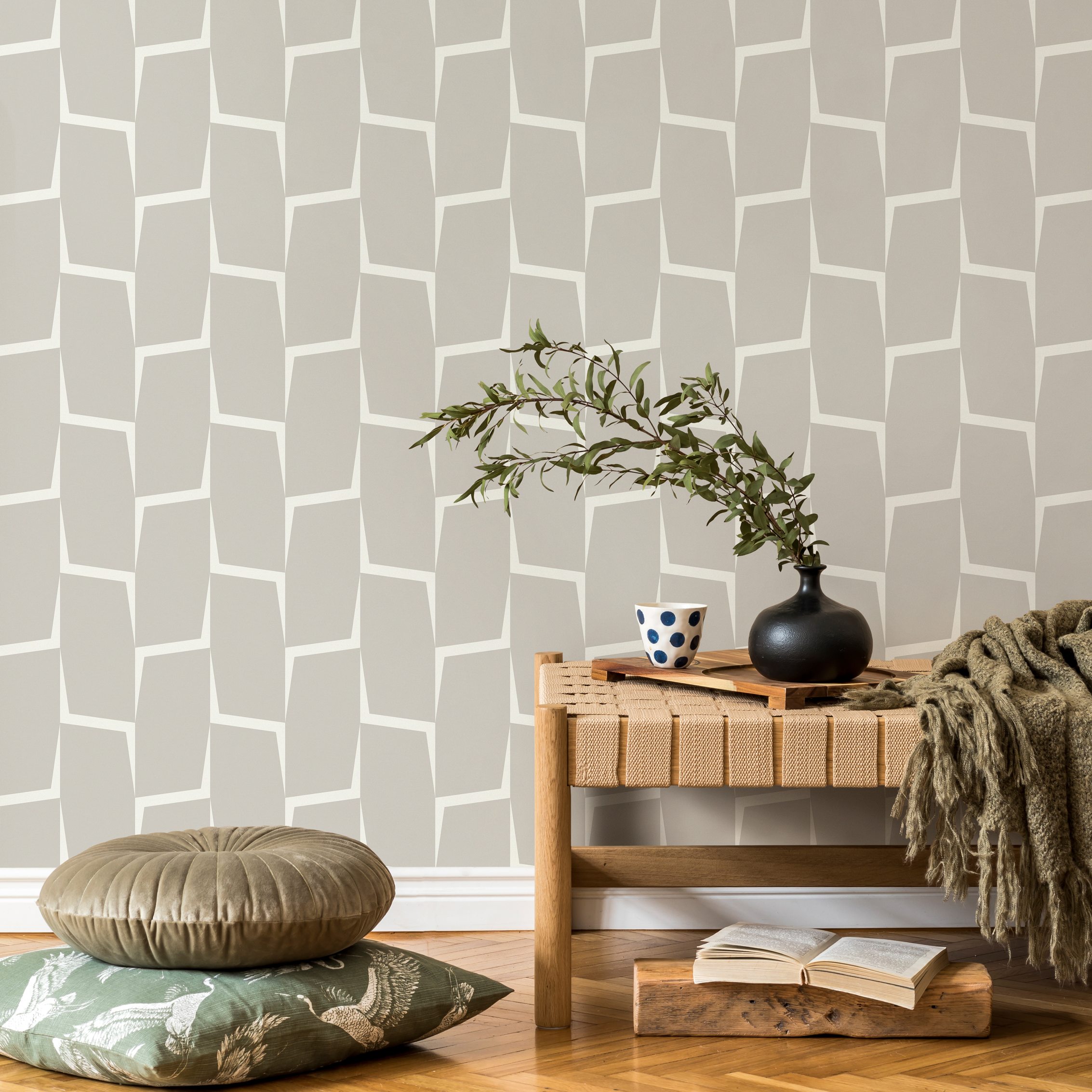 Abstract Wallpaper With An Angular Block Pattern In White And Beige - C560