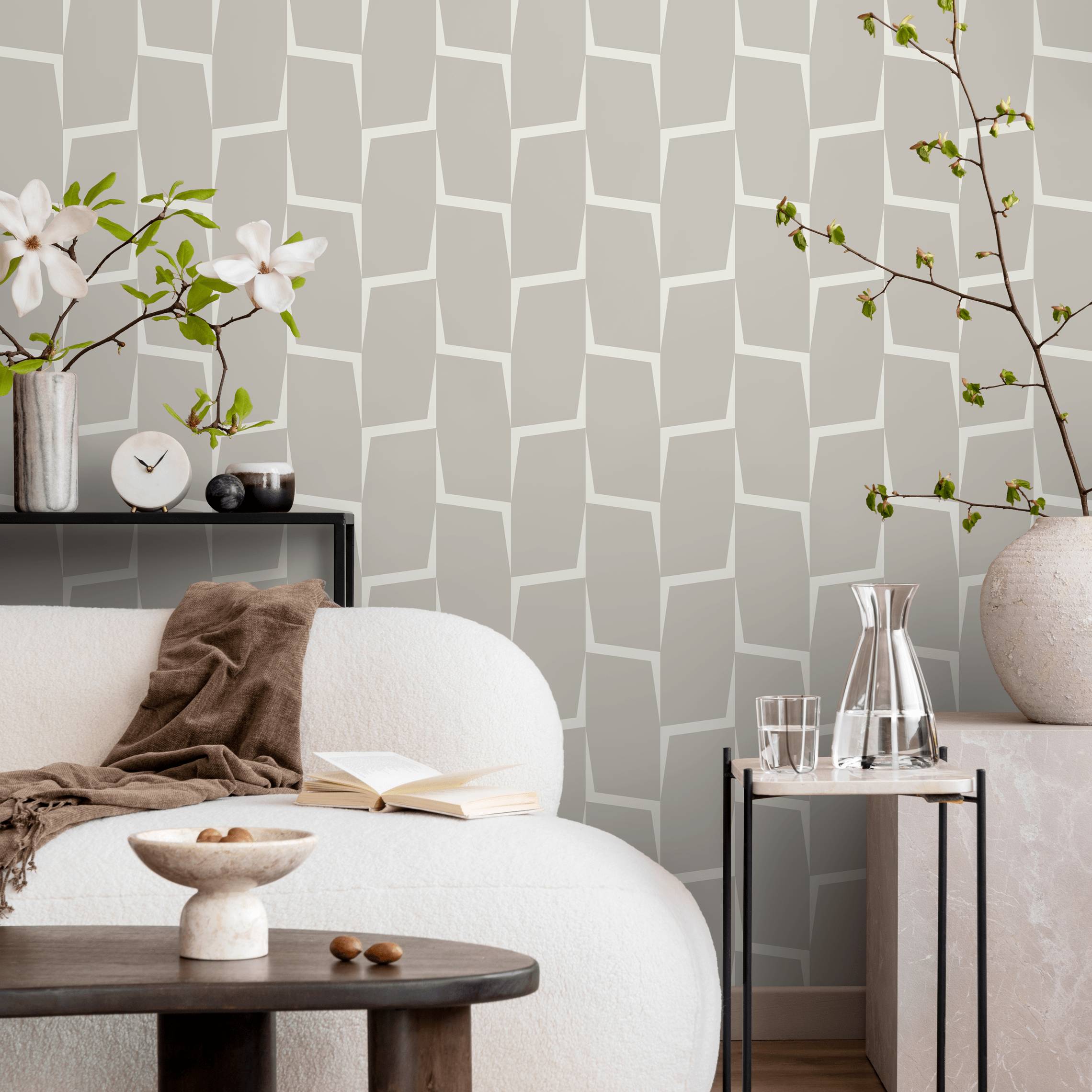 Abstract Wallpaper With An Angular Block Pattern In White And Beige - C560