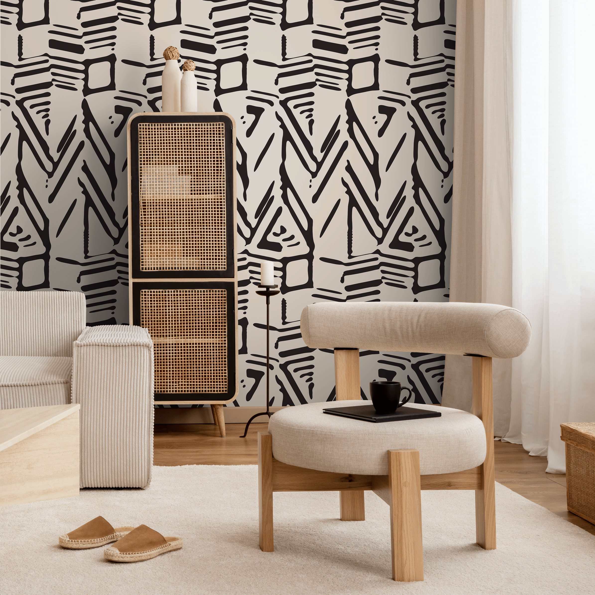 Abstract Wallpaper With A Bold Block Print Motif In Black And Beige - C568
