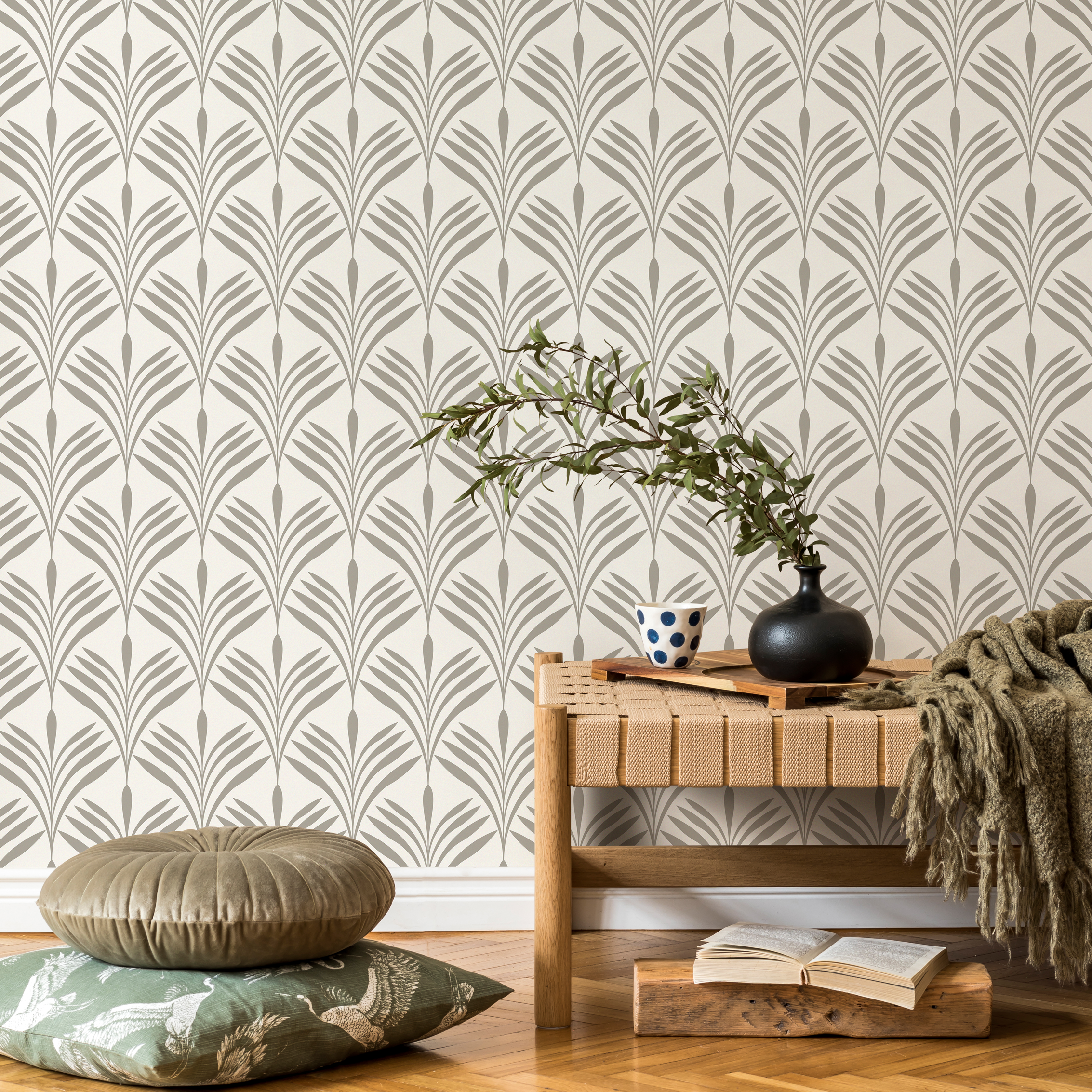 Art Deco Wallpaper With A Stylized Fan Motif In Beige - C570