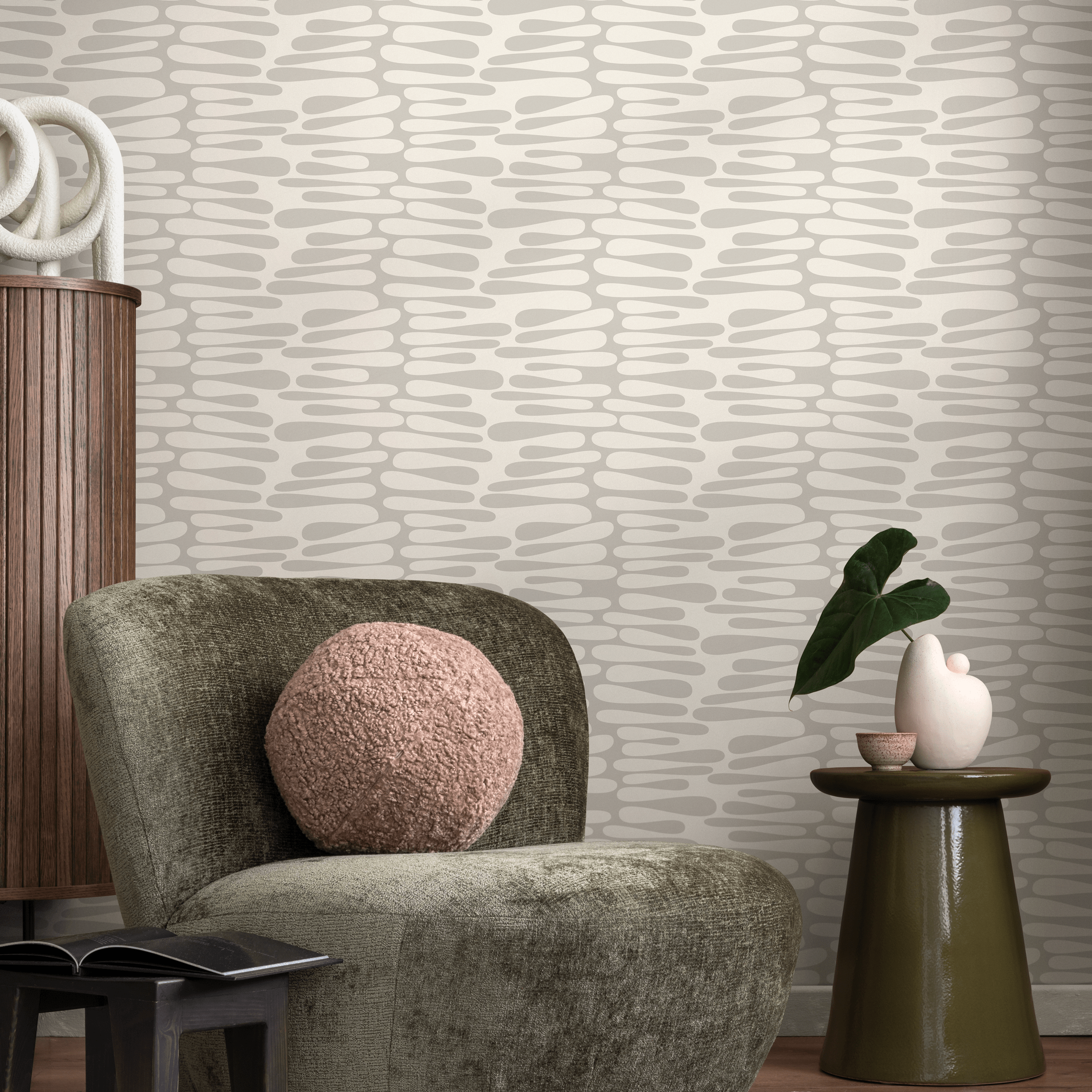 Abstract Wallpaper With Organic Elongated Shapes In Beige And Gray - C571