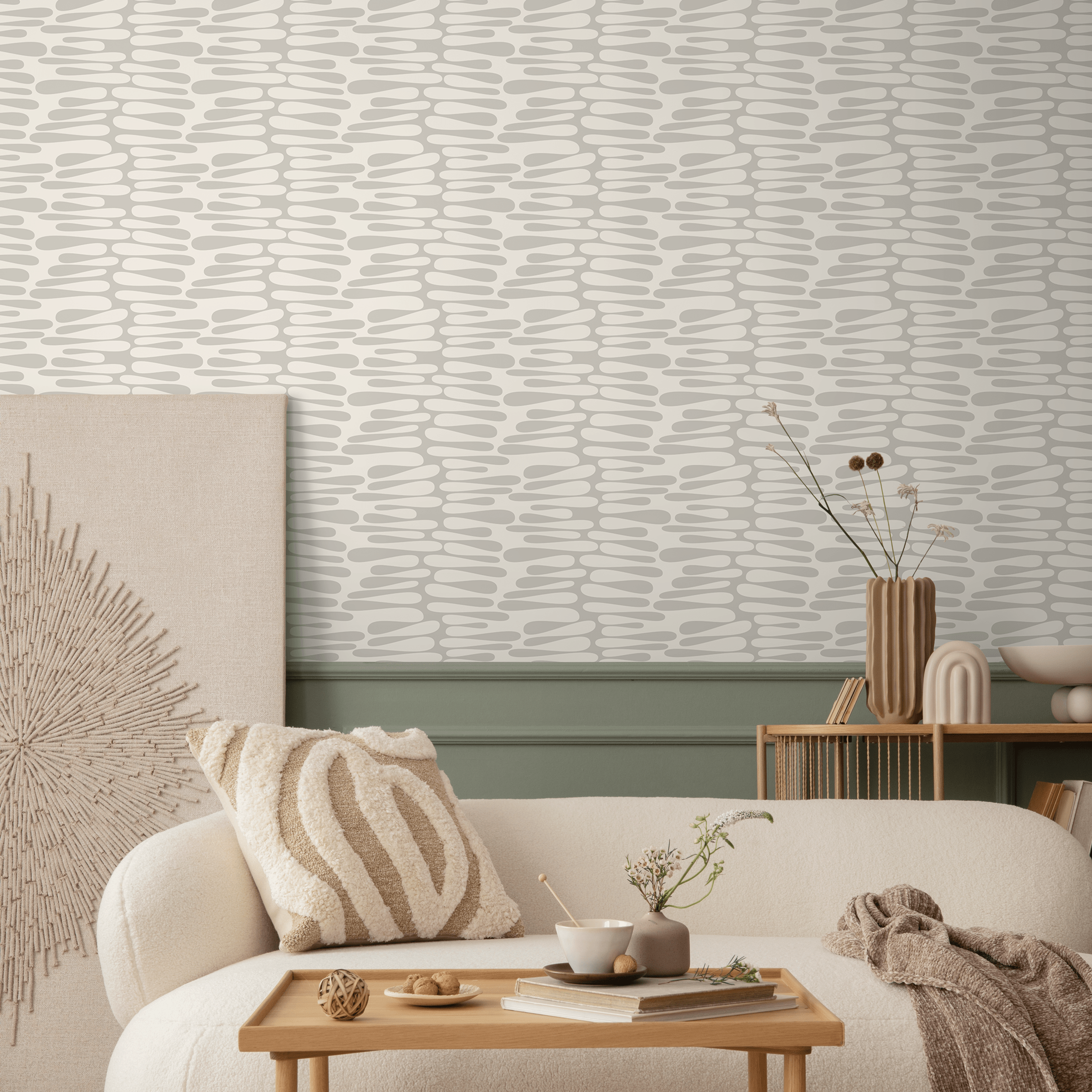 Abstract Wallpaper With Organic Elongated Shapes In Beige And Gray - C571