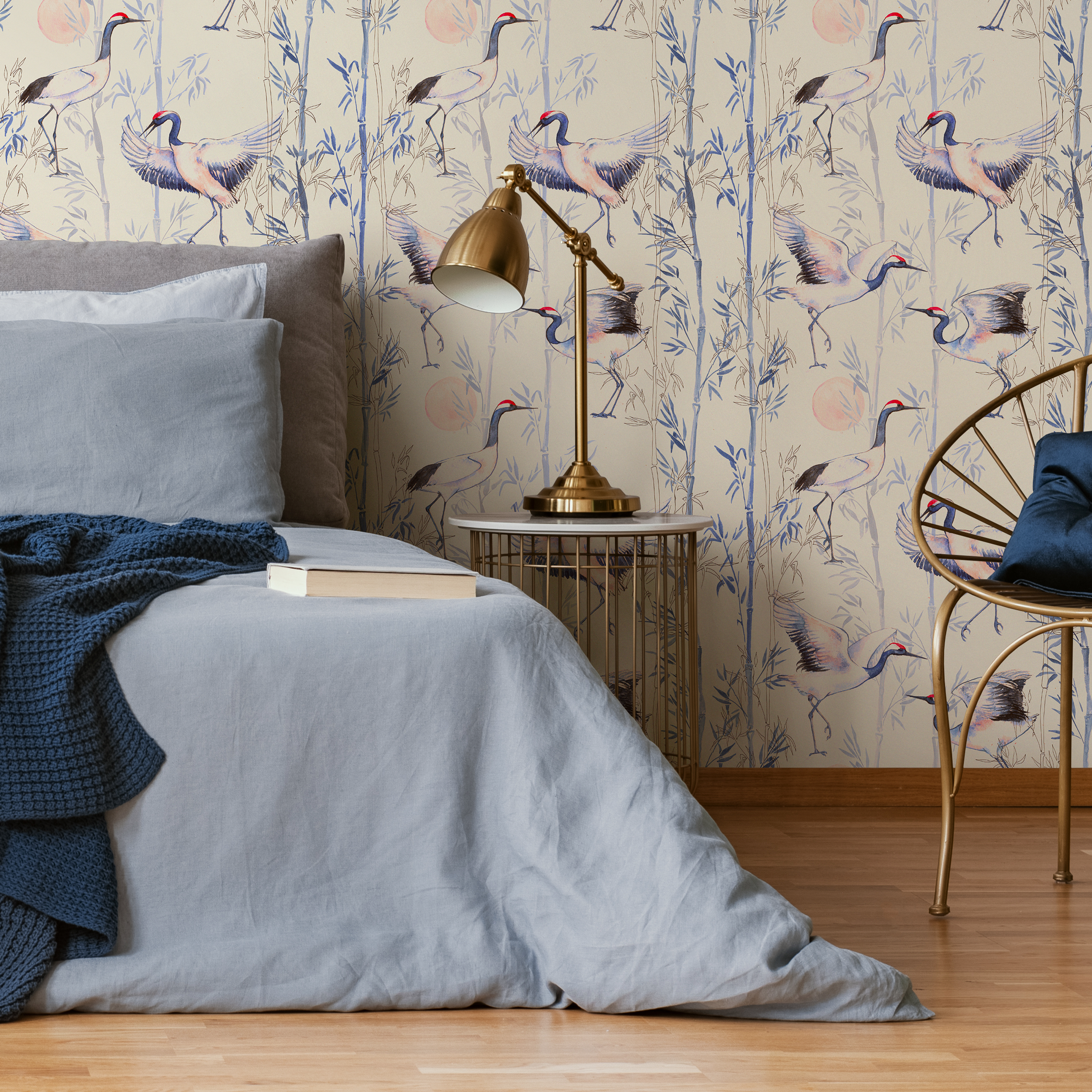 Chinoiserie Wallpaper With Cranes And Bamboo In Blue, Beige, And Red - C573