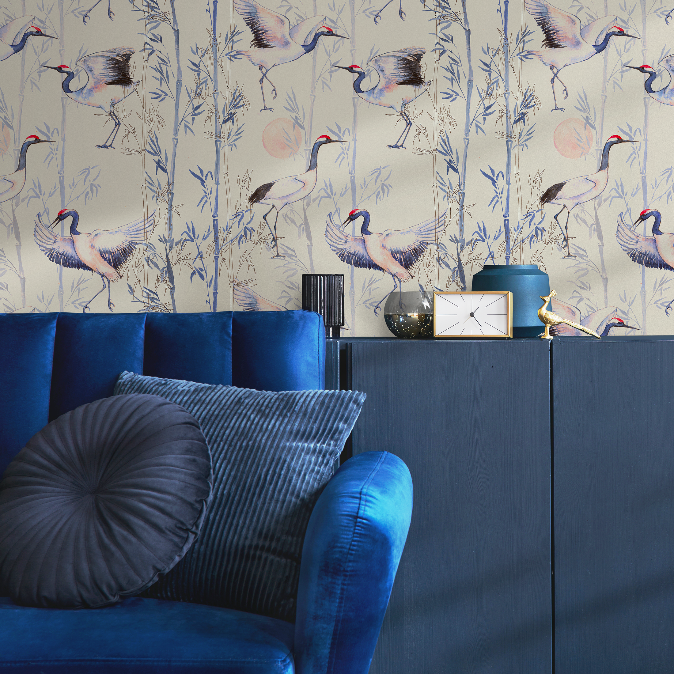 Chinoiserie Wallpaper With Cranes And Bamboo In Blue, Beige, And Red - C573