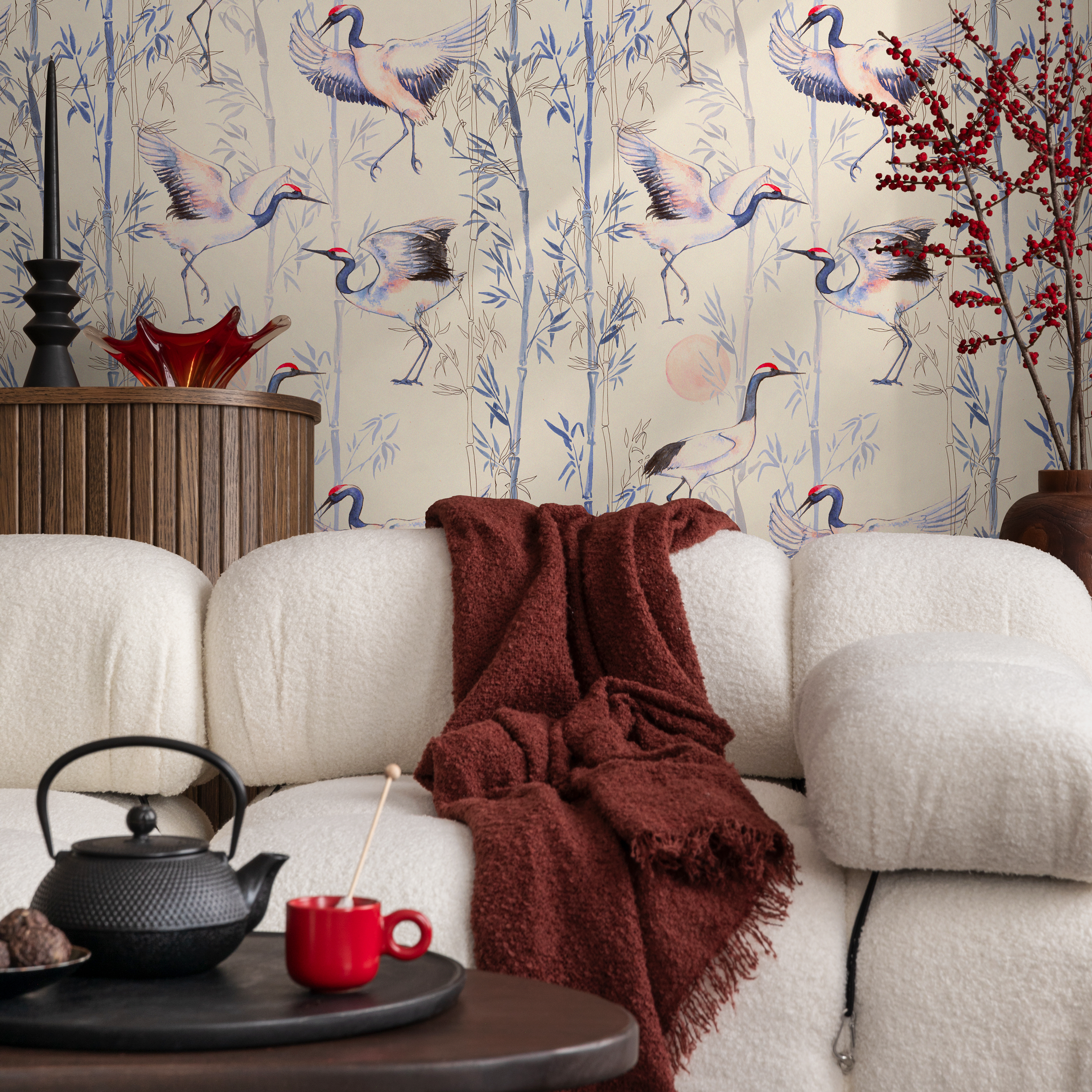Chinoiserie Wallpaper With Cranes And Bamboo In Blue, Beige, And Red - C573