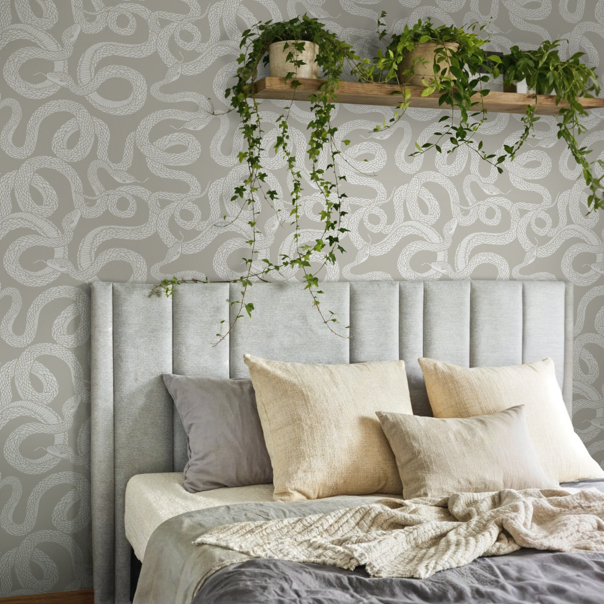 Snake Wallpaper With An Intertwined Serpent Motif In Beige And White - C575
